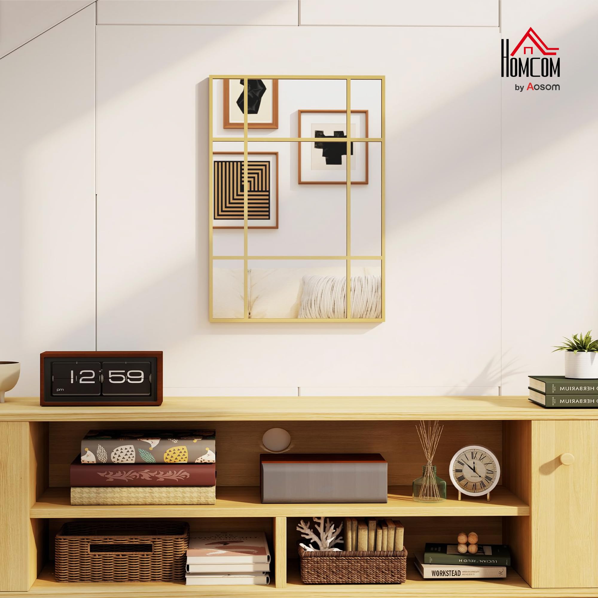 HOMCOM Espejo Rectangular de Pared, 70x50 cm, Espejo de Ventana con Marco de Metal, Decorativo para Salón, Dormitorio, Entrada, Dorado