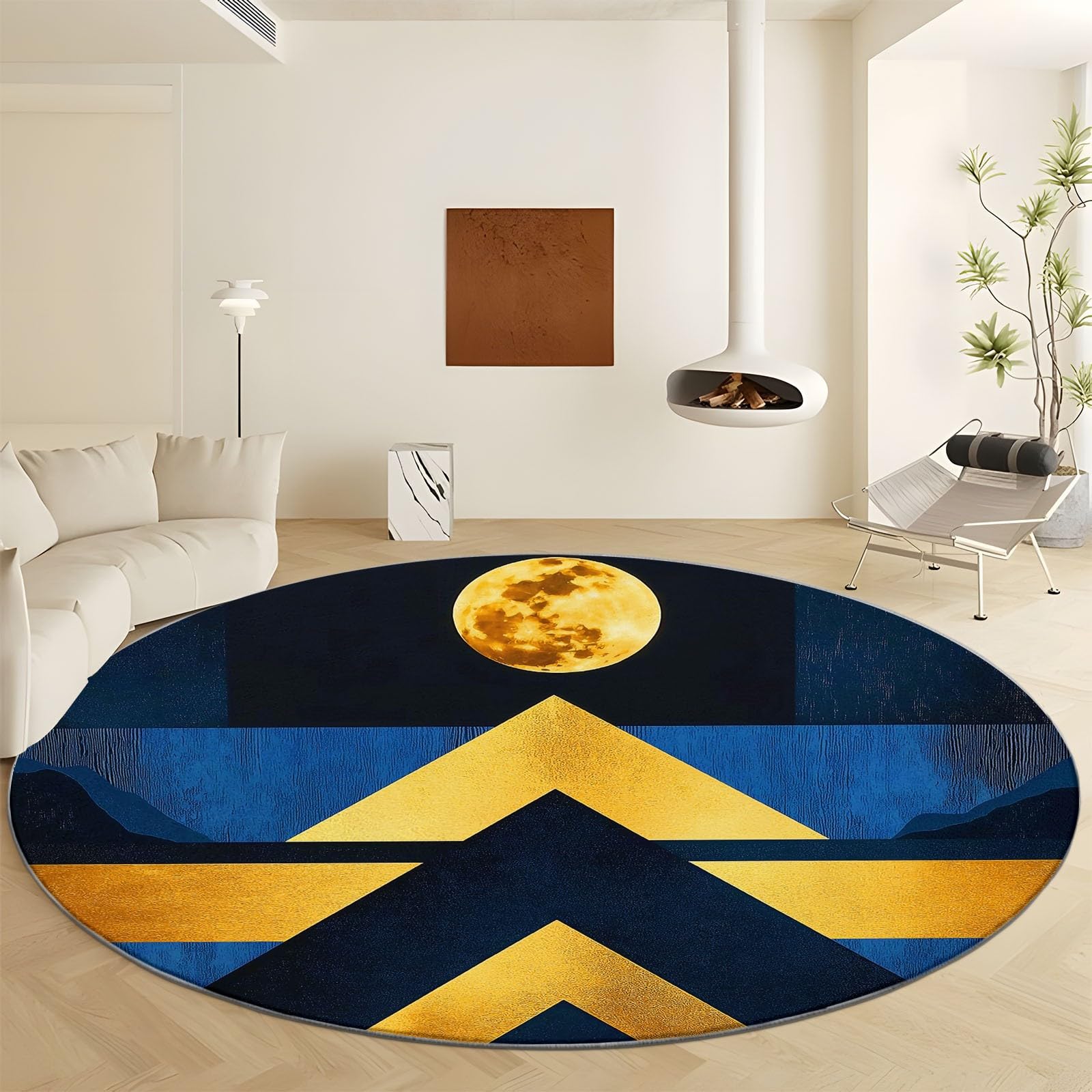 Rond Tapis Salon Bleu, Moquette Motif Géométrique Abstrait De La Lune — Tapis Chambre de Décoration Poil Ras Lavable en Machine Paillasson Rond Antidérapant Salle a Manger Chambre Adulte, 210 cm