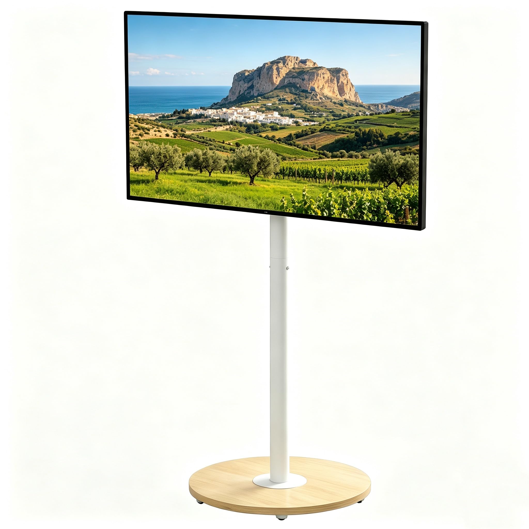 Supporto TV da Pavimento con Ruote Nascoste Legno Base per 40-75 Pollici Peso Max 50kg Max VESA 600x400mm, Regolabile in Altezza, Bianco