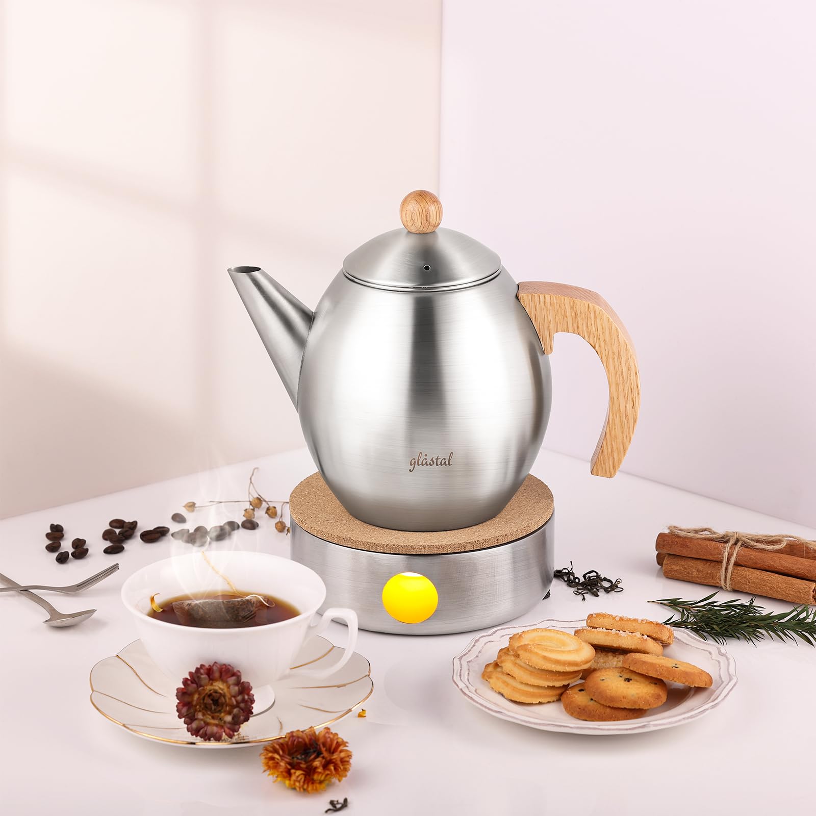glastal Tetera plateada de acero inoxidable, 1200 ml, con calentador de té y calentador de té de acero inoxidable