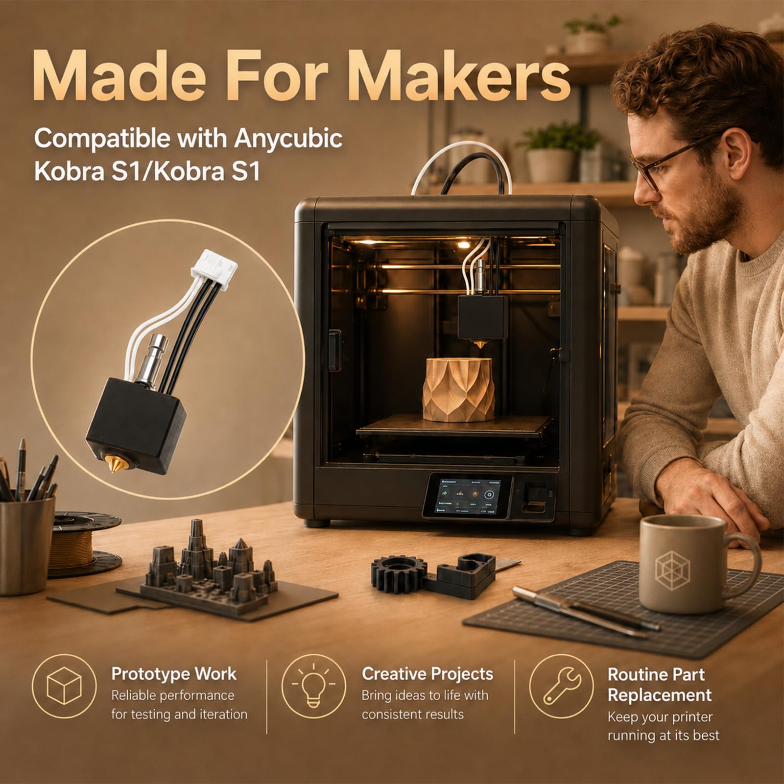 Hotend Kobra S1 All Metal, Druckkopf Ersatz Extruder für Anycubic 3D-Drucker für Kobra S1/S1 Combo Hohe Temperatur Düse 0,4 mm Messing Quick Swap Extruder verbessert für PLA ABS PETG