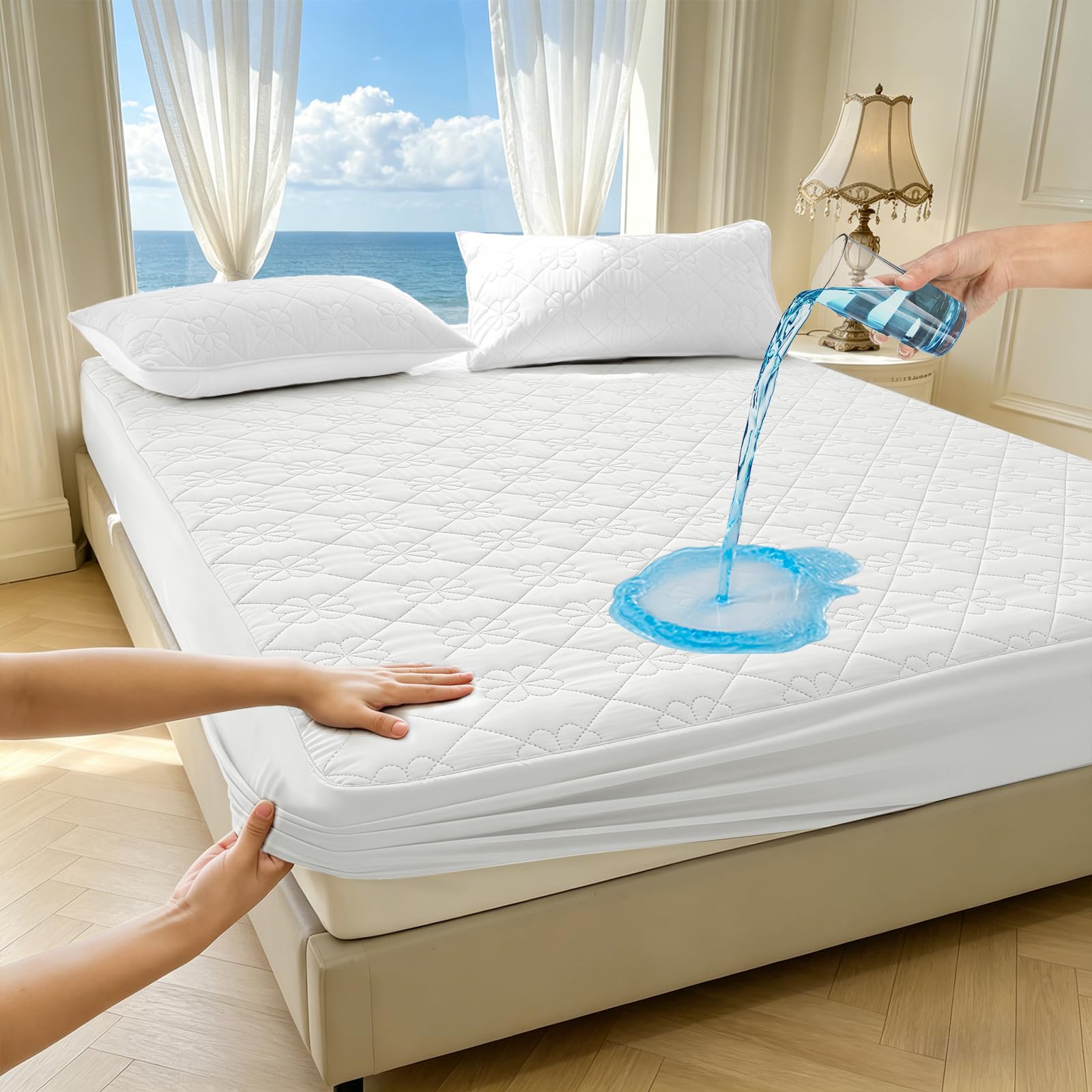 HUAXITRA Waterproof Mattress Protector Double Bed, 4 Layer Double Mattress Protector with 30CM Extra Deep Skirt, Super Absorbent Washable Anti Allergy Breathable Mattress Bed Sheet Covers (135x190cm)