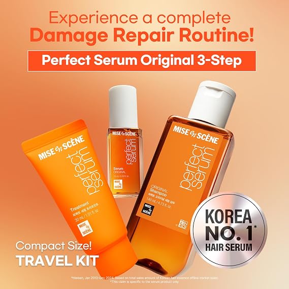 Mise En Scene Perfect Serum Original Hair Care Travel Kit (TSA Approved) | Travel Size Hair Products for Dry | Damage Repair | Mini Hair Oil for Heat Protection | Gift set for women (3 Count)