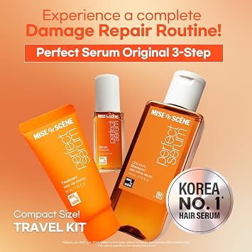 Mise En Scene Perfect Serum Original Hair Care Travel Kit (TSA Approved) | Travel Size Hair Products for Dry | Damage Repair | Mini Hair Oil for Heat Protection | Gift set for women (3 Count)