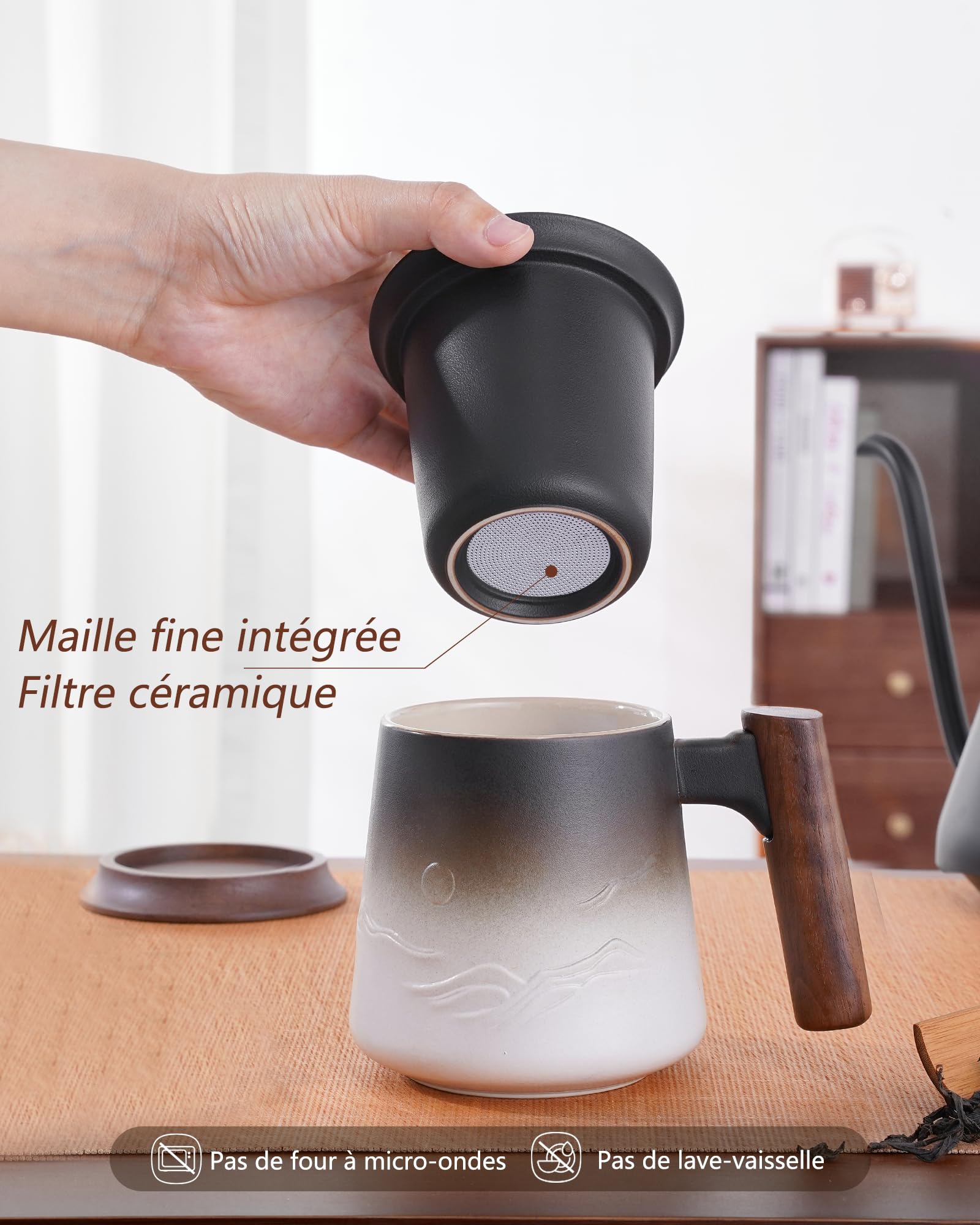ZENS Tazza da tè in rilievo in ceramica (430 ml) tazza a the con infusore e coperchio Manico in legno, Fogli mobili tazza con coperchio & colino per gli amanti del tè Regali