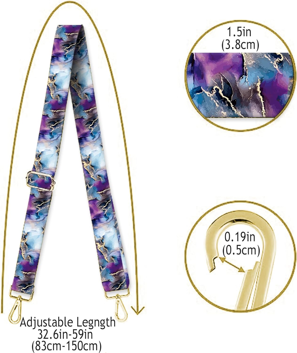 Purse Strap Replacement Belt Crossbody 1.5" Wide Golden Buckle Cute Shoulder Strap Durable Adjustable Guitar Straps for Canvas Bag Handbag Blue Marble - Image 6