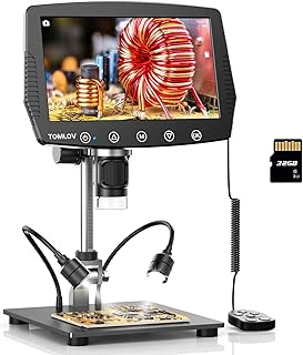 TOMLOV DM04 9" LCD Digital Microscope 1200X, 16MP Measurement & Coin Microscope with 10" Long Stand, Rechargeable Light, Touch Button, 1080P Soldering Microscope, Windows/Mac OS Compatible
