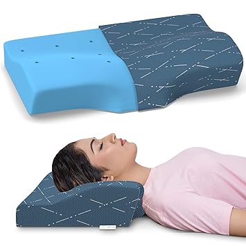 MY ARMOR Cool Gel Cervical Pillow for Neck Pain and Shoulder Pain, Spondylitis Neck, Orthopedic Memory Foam Pillow, Sleeping Contour Support, Regular Size - 18.5 x 11 x 3.5 Inches, Blue Checks Cover - image, photos