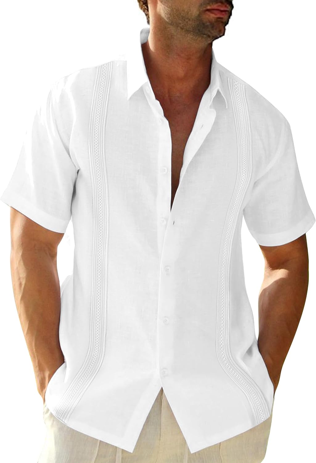 JEKAOYI Men’s Casual Cotton Linen Shirts Short Sleeve Button Down Summer Shirt for Beach Vacation Work White