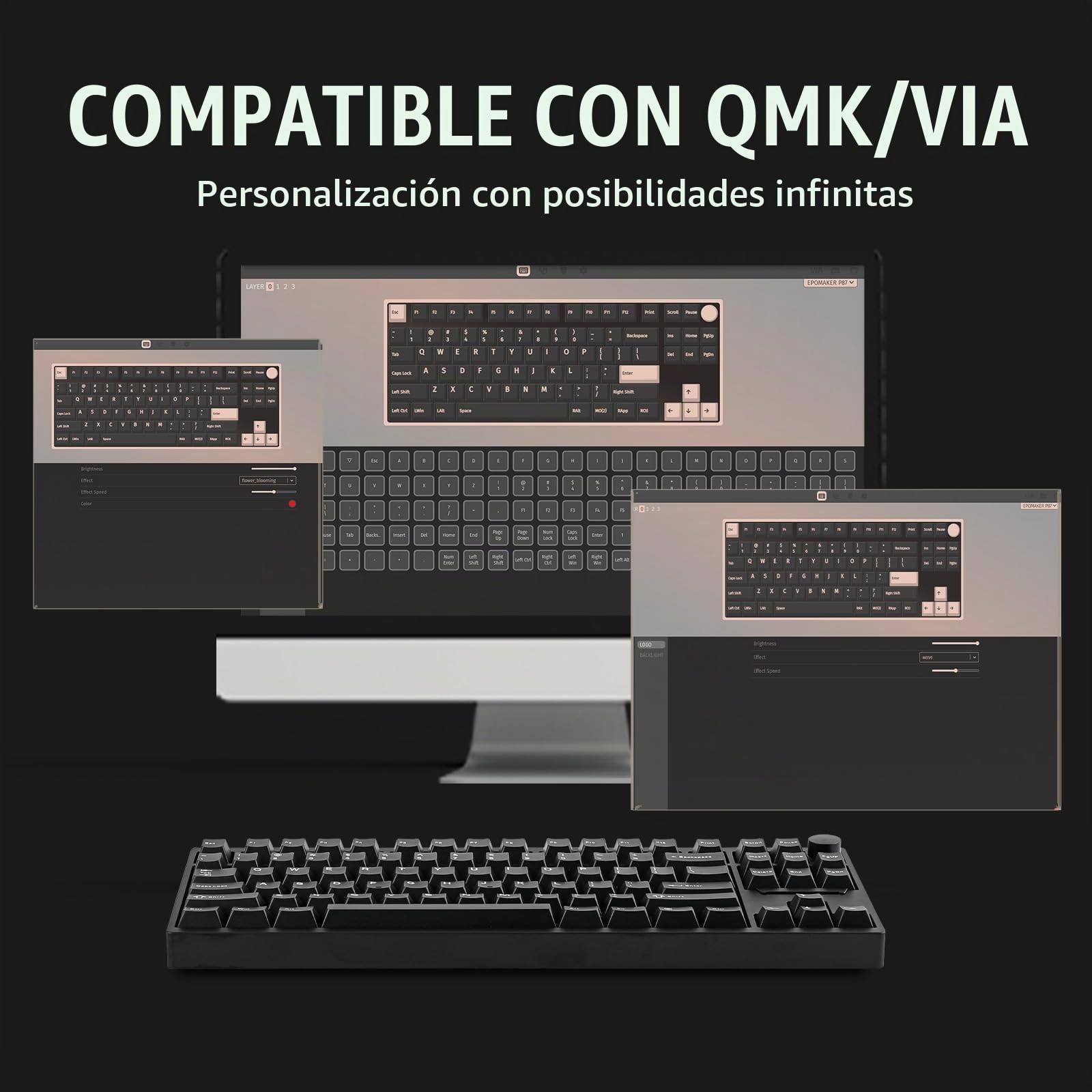 EPOMAKER P87 Teclado Mecánico Inalámbrico de Aluminio para Juegos, Programable con QMK/Via, Diseño 87% US, Bluetooth/2.4Ghz/USB-C, con Perilla de Metal CNC y RGB (Negro, Zebra Linear)