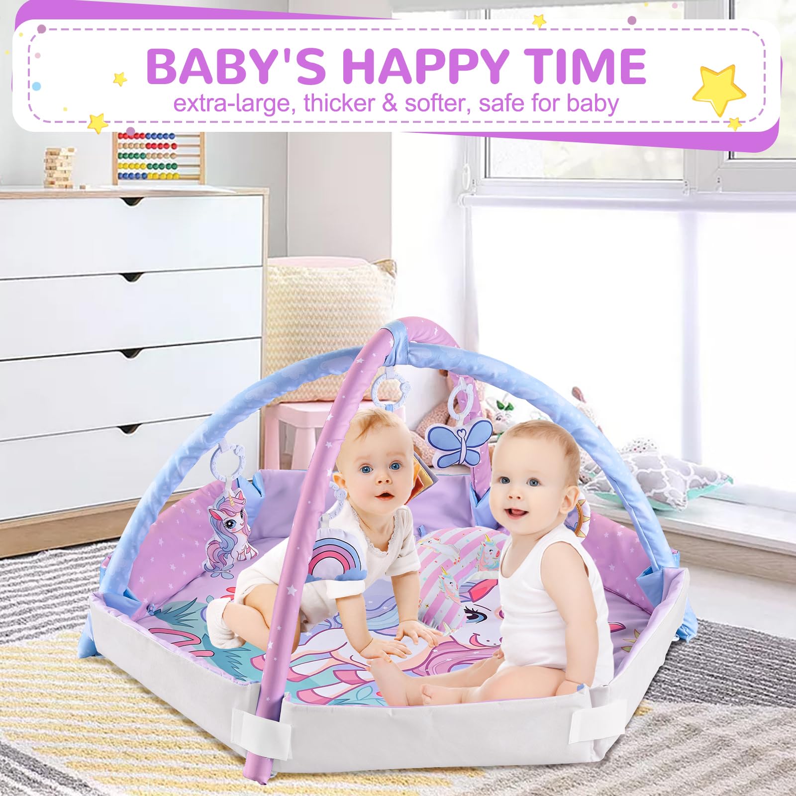 Gimnasio Bebe Unicornio 4 en 1, Manta Actividades Bebe con 5 Juguetes Colgantes y Almohada, Alfombra Juegos Acolchada Plegable, Alfombra Sensorial para Recién Nacidos, 3-24 Meses