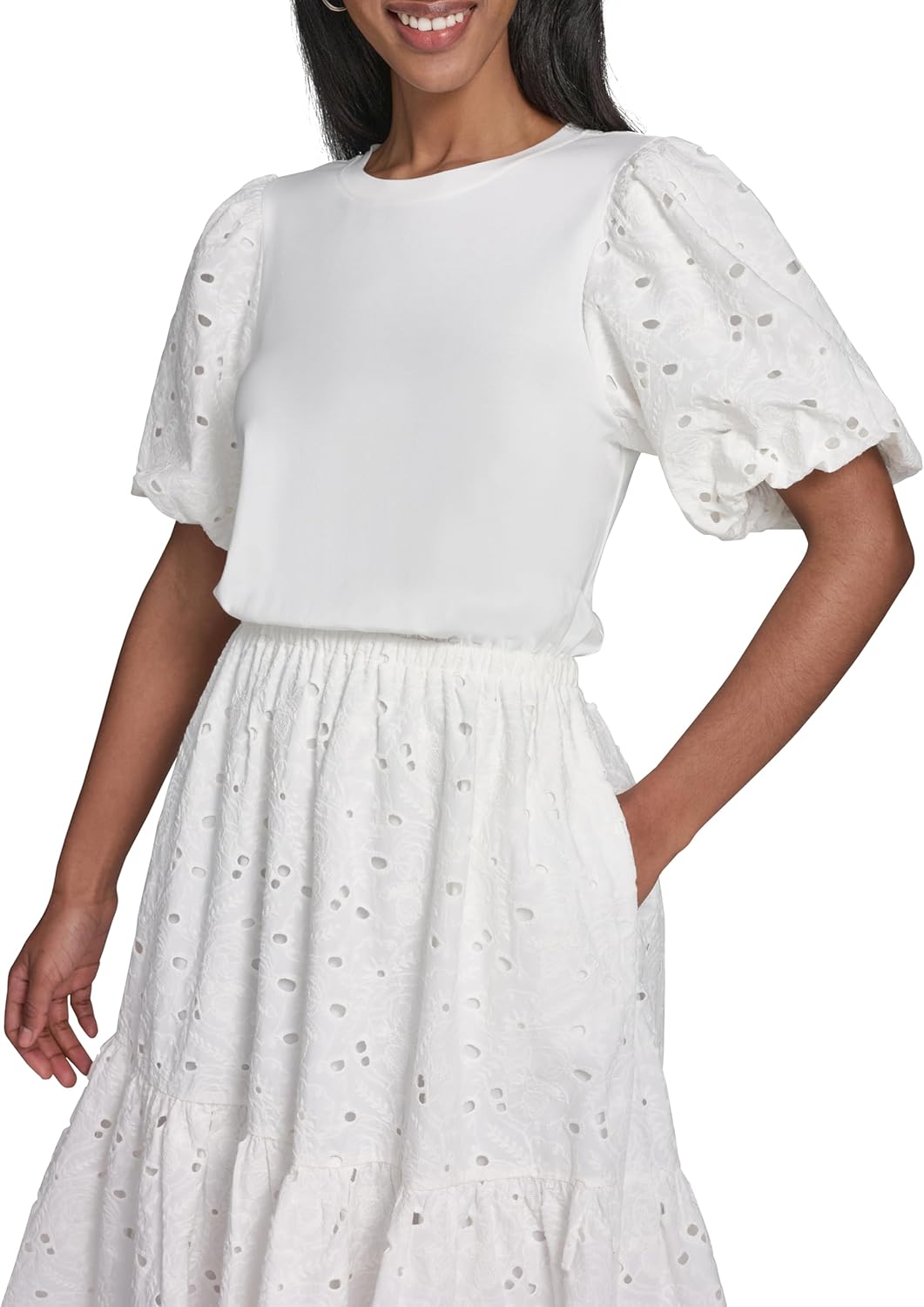 Karl Lagerfeld Women's Floral Eyelet Summer Fashion Mixed Media Dress