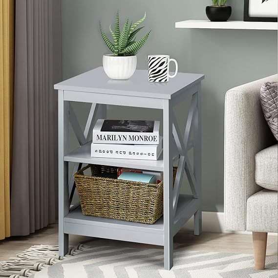 COSTWAY Bedside Table, 2/3-Tier Nightstand Sofa Side End Table with Storage Shelf, Modern Wooden X-Shaped Coffee Snack Table for Living Room, Bedroom and Office (Grey, 3 Tiers: 40 x 40 x 61cm)
