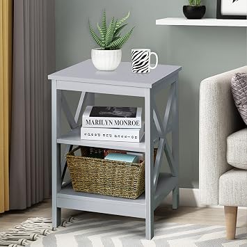 COSTWAY Bedside Table, 2/3-Tier Nightstand Sofa Side End Table with Storage Shelf, Modern Wooden X-Shaped Coffee Snack Table for Living Room, Bedroom and Office (Grey, 3 Tiers: 40 x 40 x 61cm)