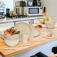 Vista 5 de 42 pcs Wheat Straw Dinnerware Sets - SHECIPIN Unbreakable Reusable Dinnerware Set Kitchen Cups Plates and Bowls Sets,Dishwasher Microwave Safe Beige