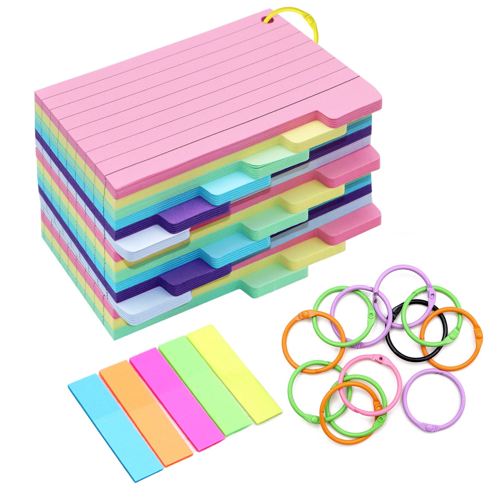 ZYNERY Colored Index Cards 3x5 Inches 375 PCS Flash Cards with Rings and Sticky Tabs, Multicolor Notecards Lined Both Sides Flashcards for Studying, School and Office Supplies