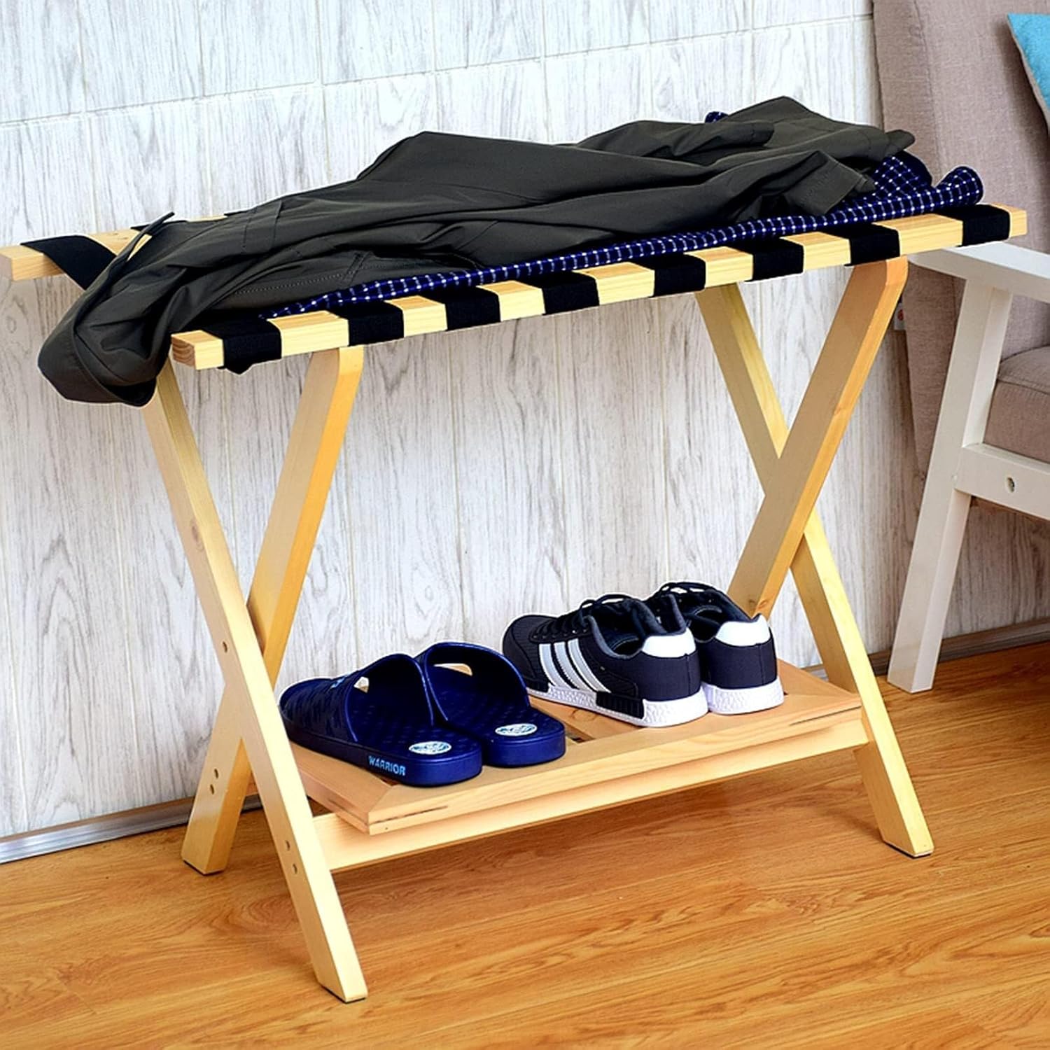 Wooden Folding Suitcase Rack for Guest Room, No Assembly Required, Double-Layer Luggage Stand with Backrest, Black, 31.5" W x 20" D x 26" H(BLUE)