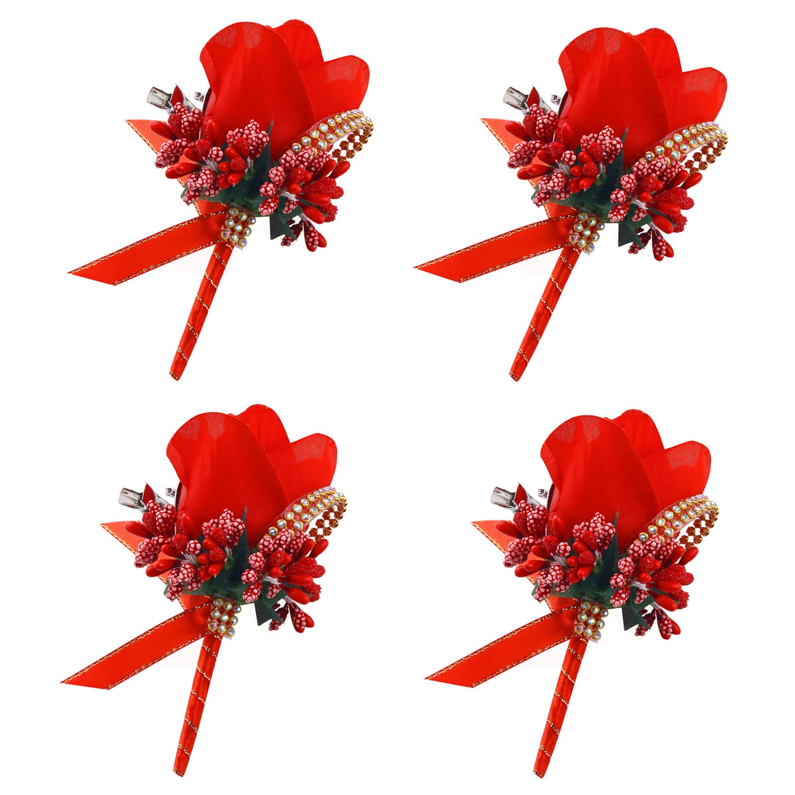 Boutonniere 4PCS Wedding Boutonniere Handmade Rose Boutonniere Corsage with Pin and Clip for Groom Bridegroom Groomsman Perfect for Wedding, Prom, Party (4 Packs, Boutonniere-Red)