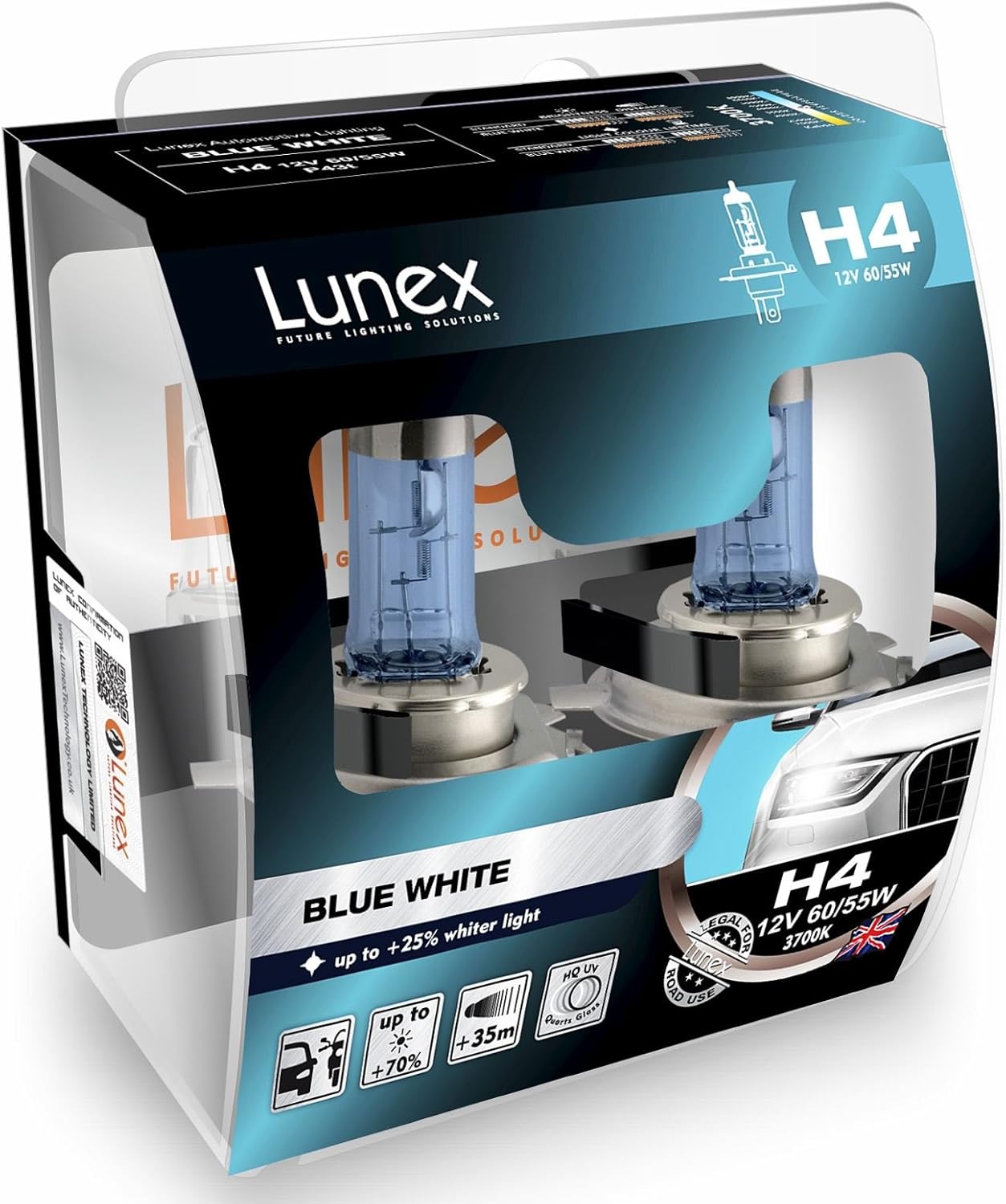 LUNEX H4 472 BLUE WHITE Headlight Halogen Bulbs 12V 60/55W P43t + 25% whiter light 3700K duobox (2 units)