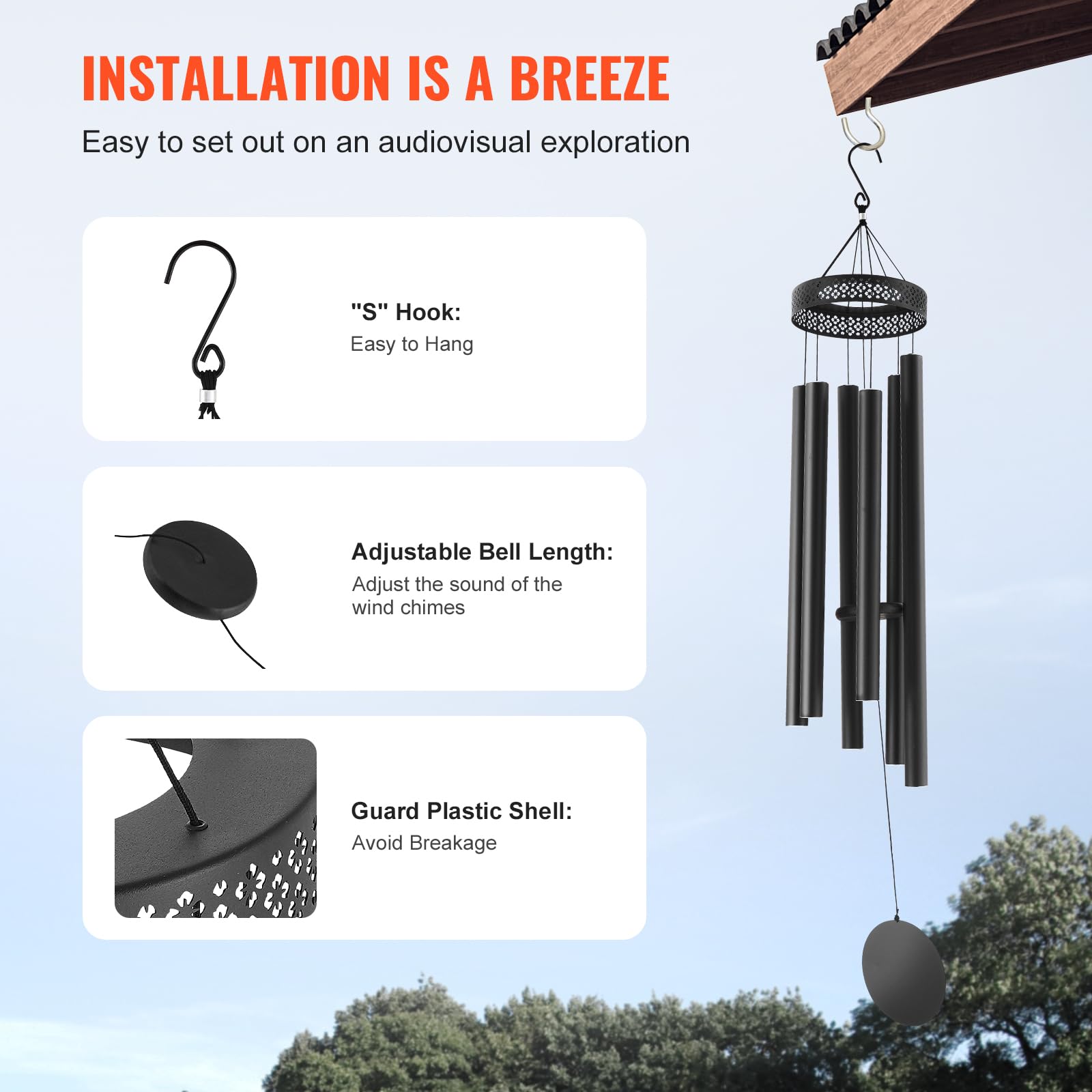 VEVOR Windspiel, 58 Zoll, Windspiel mit tiefem Ton und 6 Röhren, einzigartiges großes Gedenk-Windspiel zum Jahrestag, tolle Außendekoration für Terrasse, Veranda, Garten und Hinterhof, schwarz