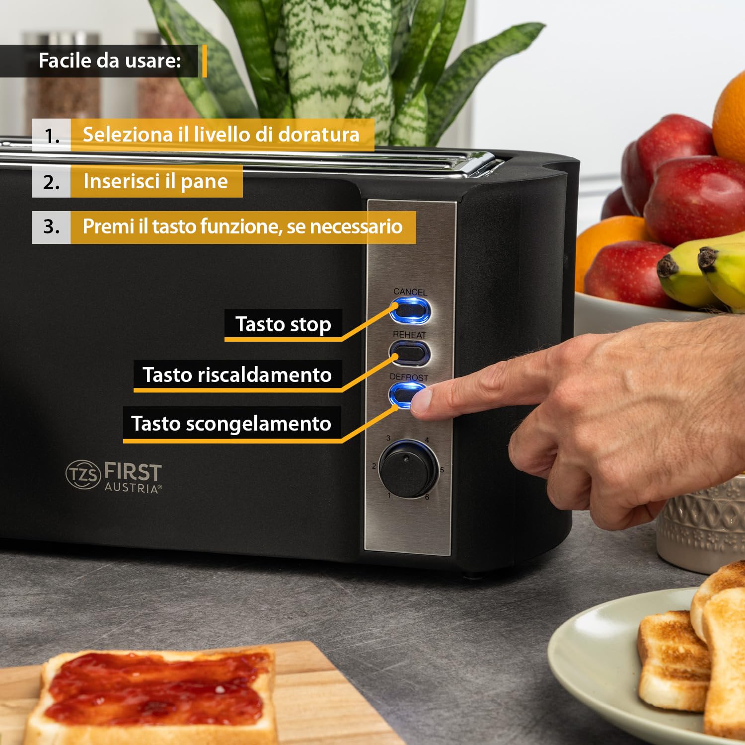 TZS First Austria – Tostapane in acciaio inox a fessura lunga 4 fette – con accessorio panini e vassoio raccogli-briciole – 6 livelli di doratura, funzione scongelamento, 1500W, nero opaco