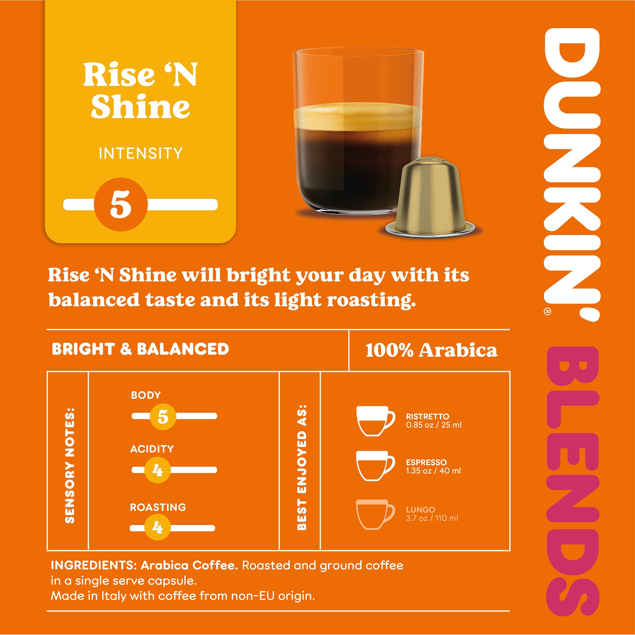 Dunkin’ Donuts Rise ’N Shine – 100 capsule di caffè – 100% Arabica – Tostatura chiara, gusto fresco e leggero – Caffè delicato ed energetico – Compatibile con macchine Nespresso