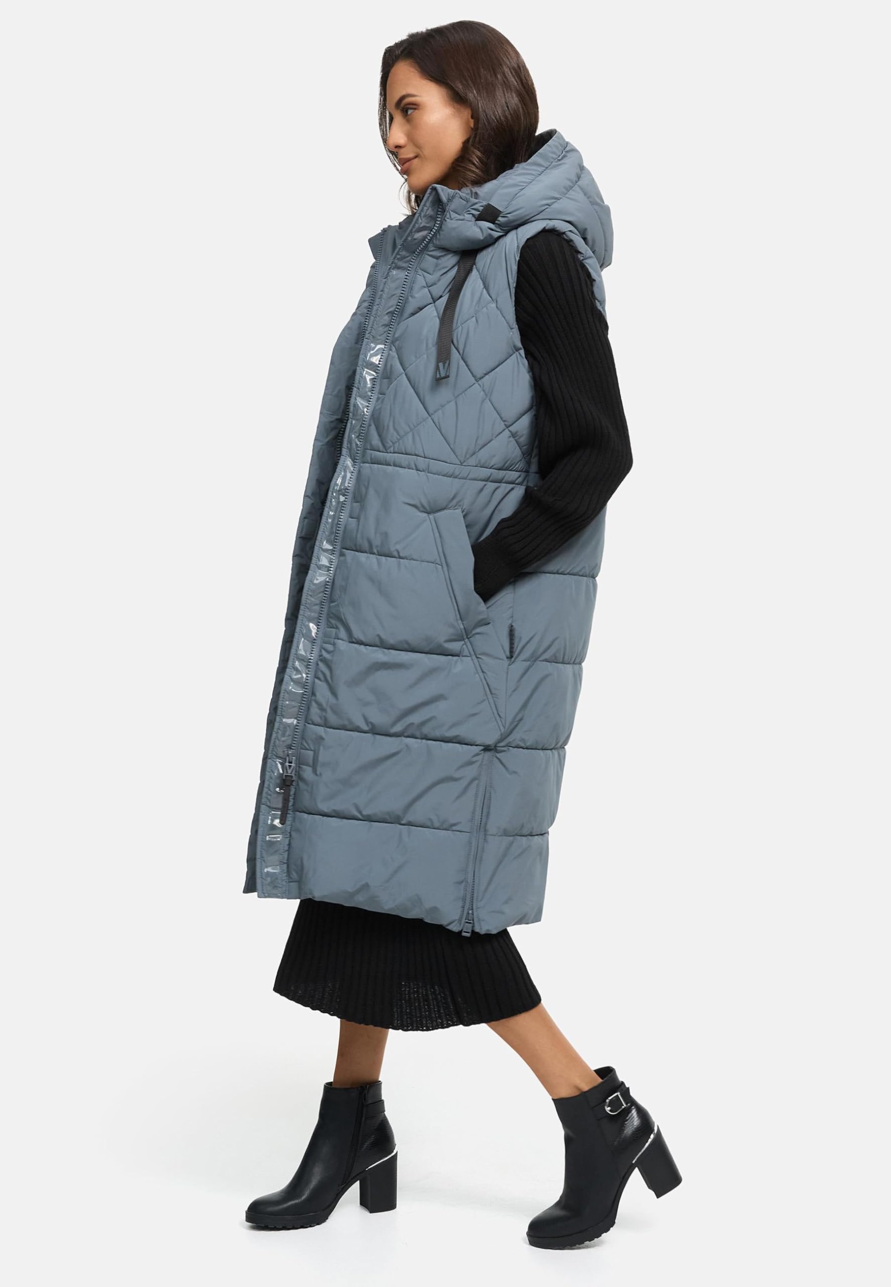 MARIKOO Gilet lungo da donna senza maniche lungo trapuntato caldo in materiali riciclati con cappuccio Narikaa 16 XS-3XL