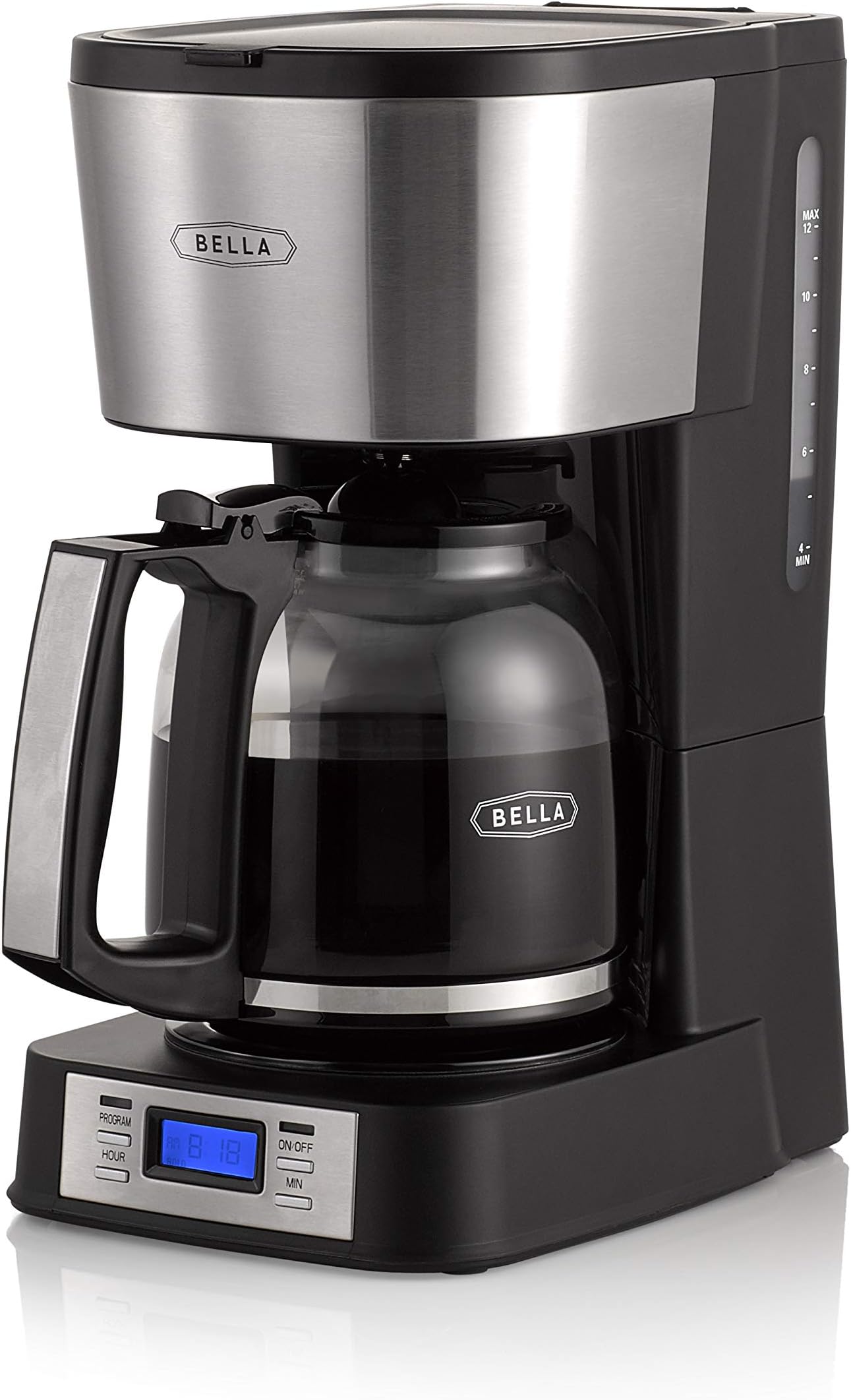 BELLA 4-12 Cups Programmable Coffee Maker with Brew Strength Selector and Single Cup Feature, Auto Shut Off, Glass Carafe and Reusable Filter, Stainless Steel, Black