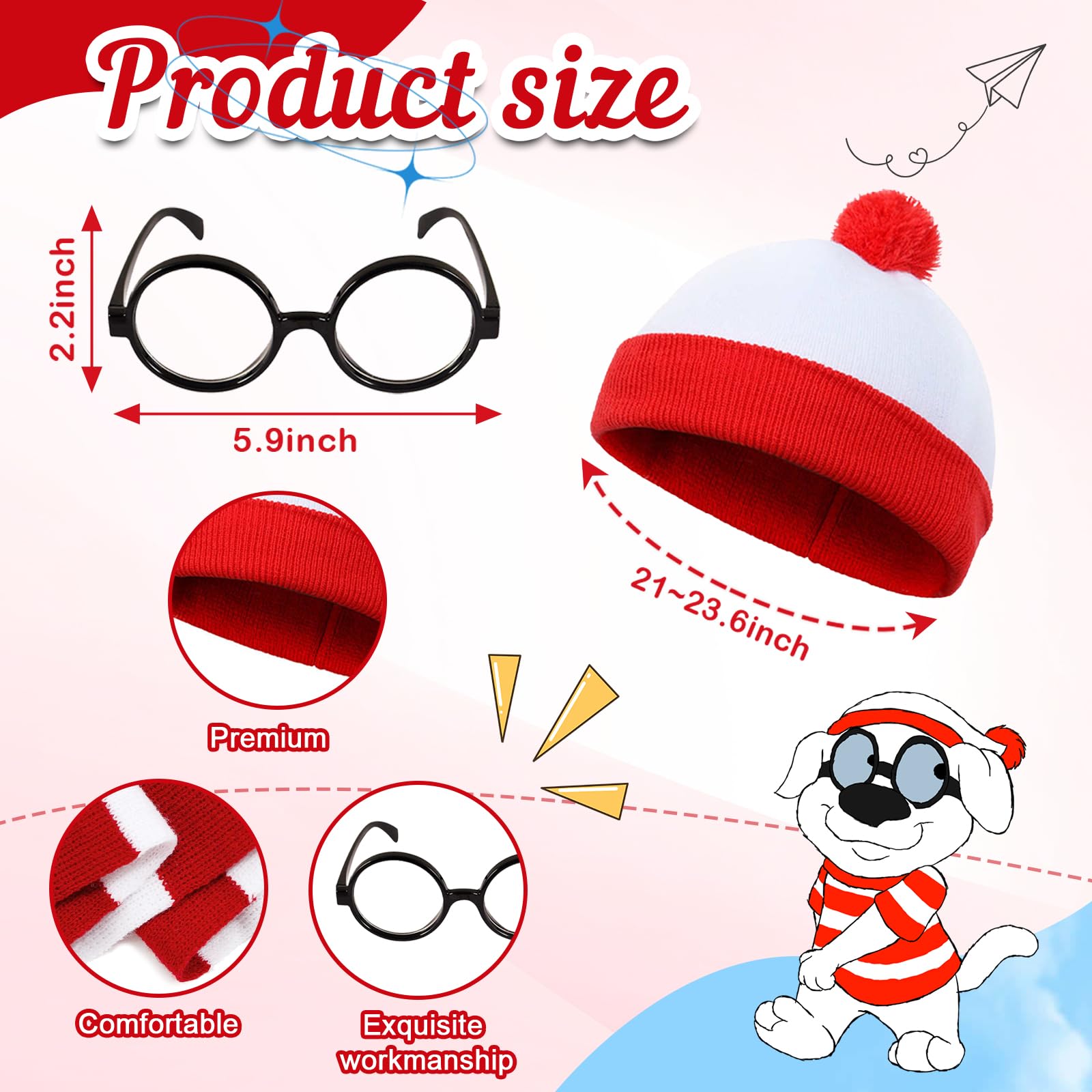 3PCS Men's Wally Costume Set,Cosplay Accessories Set including Red&White Stripe Long Sleeve Top Bobble Hat Black Nerd Glasses,90s Fancy Dress Costume for World Book Day Halloween Dress Up Day (Men - Image 3