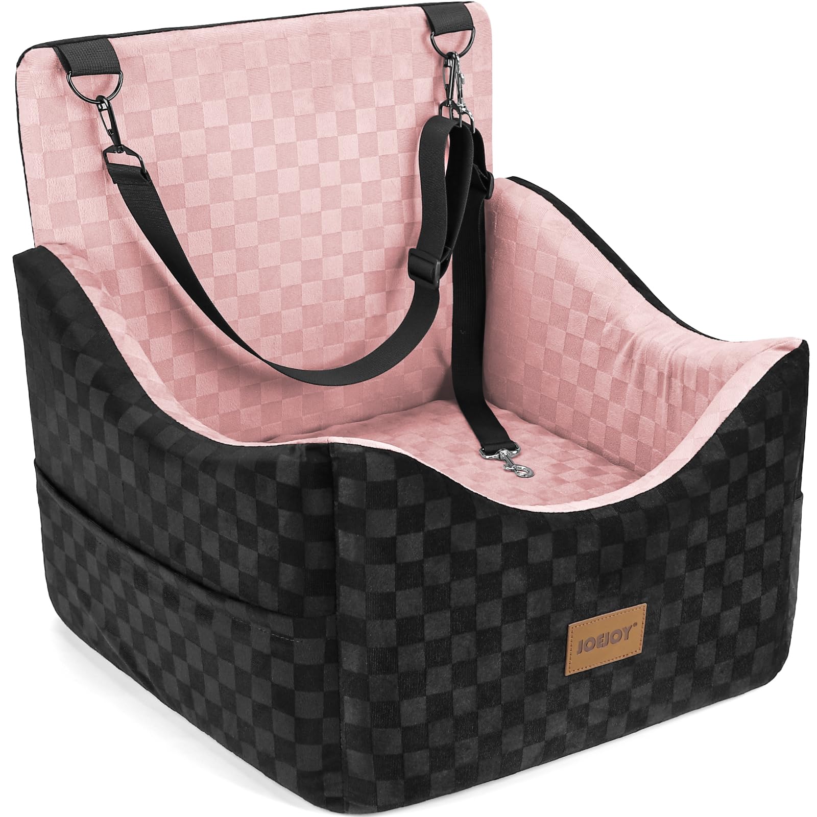 JOEJOY Elevated Dog Car Seat for Small/Medium Dogs up to 35 lbs, Memory Foam Booster Seat with Detachable Washable Cover, Travel-Safe Car Bed with Safety Belts &amp; Storage Pockets, Pink