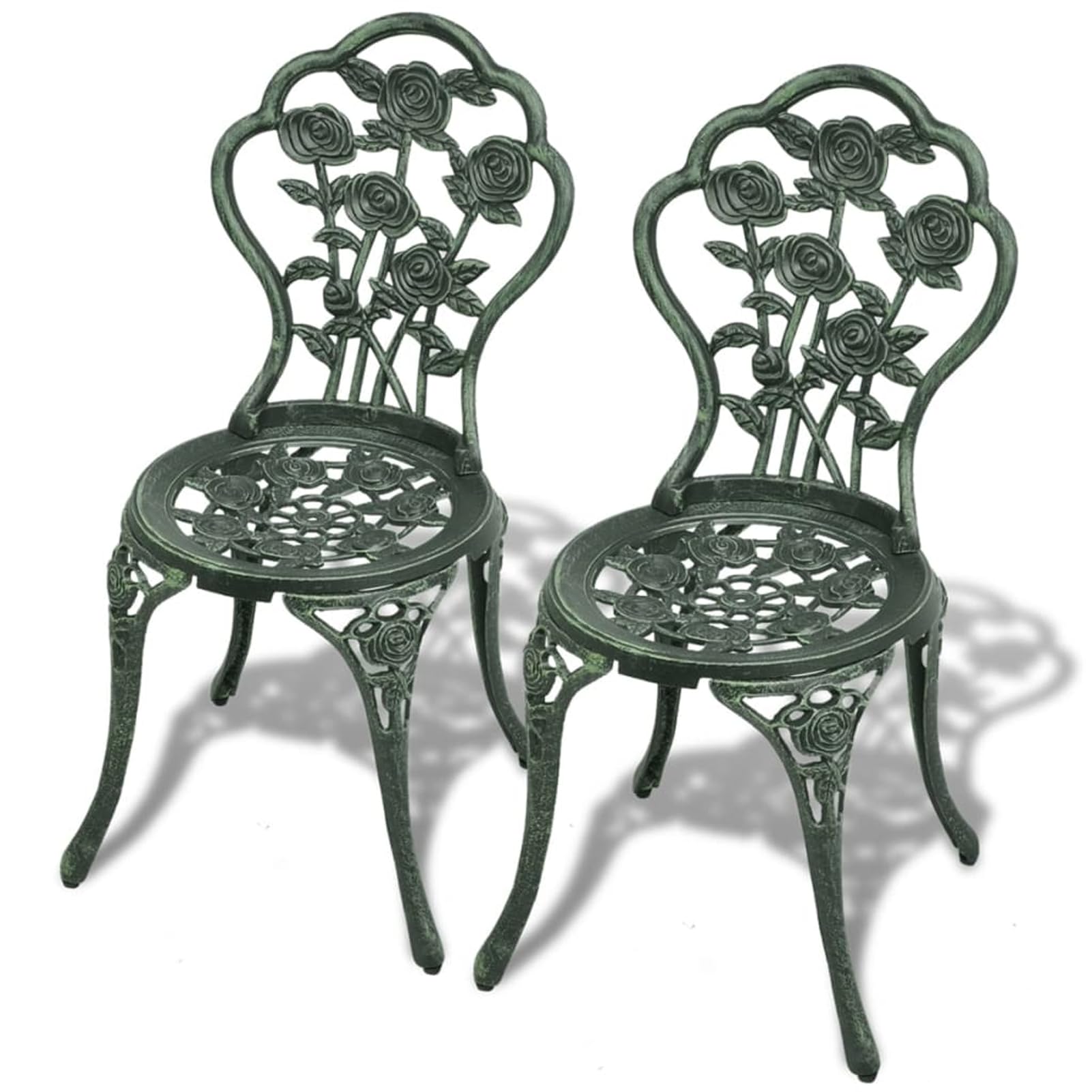 Set da Bistrot in Alluminio Pressofuso Verde 3 Pezzi, Design Elegante con Dettagli Floreali per Giardino, Patio o Serra, Mobili da Esterno Resistenti e Comodi, Tavolo e Sedie per Aperitivi o Cene all'