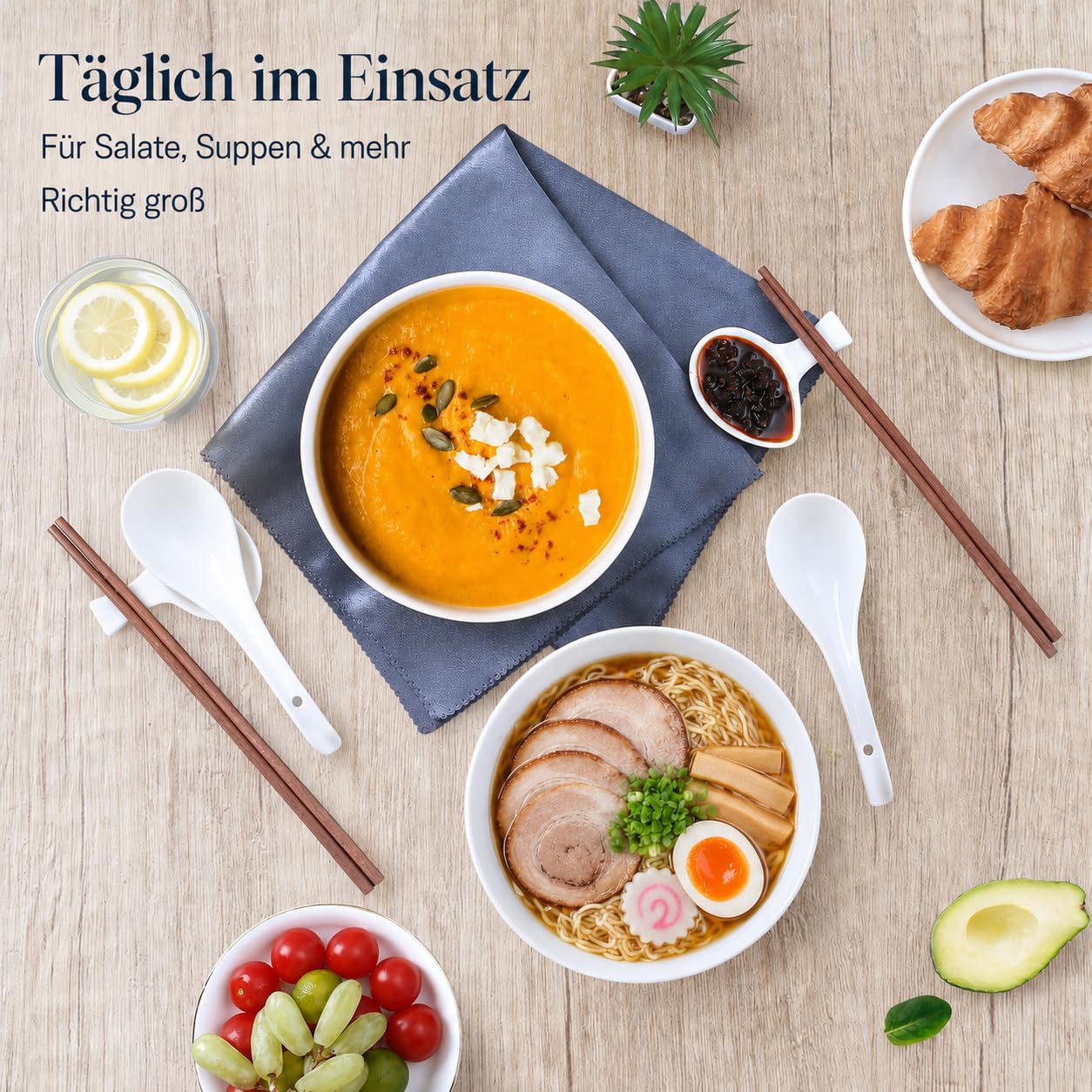 Urban Lifestyle Set Cuencos Ramen para 2 Personas Ø 17,5 cm 1200 ml, New Bone China Blanca, Cuencos para Ramen con Cucharas, Palillos Japoneses y Cuencos Pequeños, Cuencos Sopa