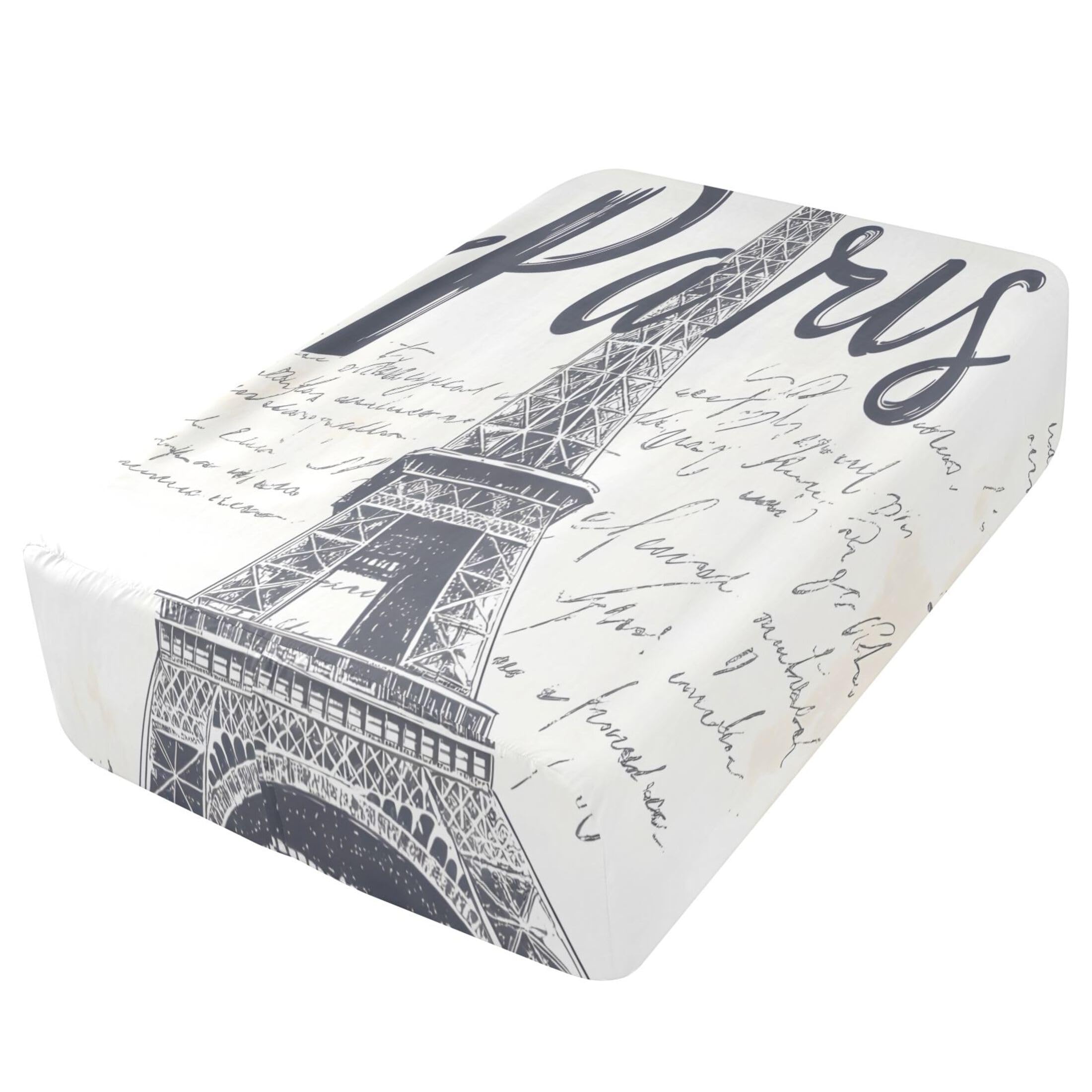 Sábana bajera ajustable de tamaño individual de la Torre Eiffel vintage para colchón de aire, bolsillo extra profundo de 24 pulgadas, funda suave y transpirable con apertura de válvula de