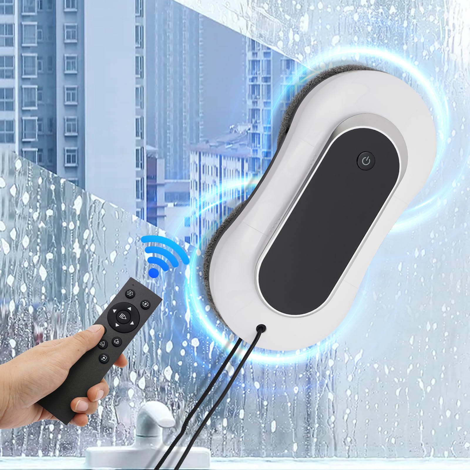 Robot limpiador de ventanas con mando a distancia 80 W | 20 minutos de energía de emergencia en caso de corte de energía – 200 kg cuerda de seguridad