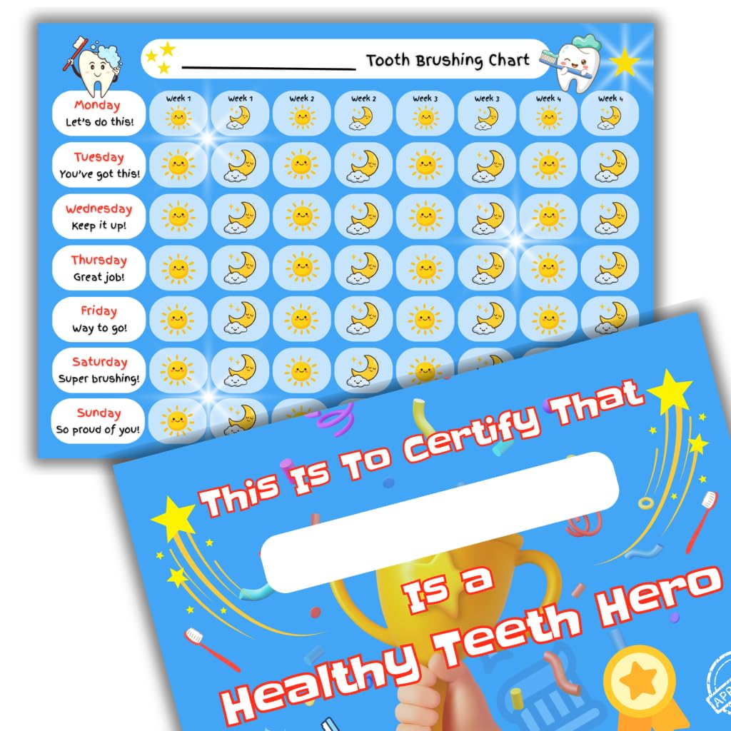 Tooth Brushing Reward Chart for Kids with Certificate and 80 Star Stickers, A4 Size, 4 Weeks Tracking, 350gsm Glossy Card, Morning and Night Routine Tracker