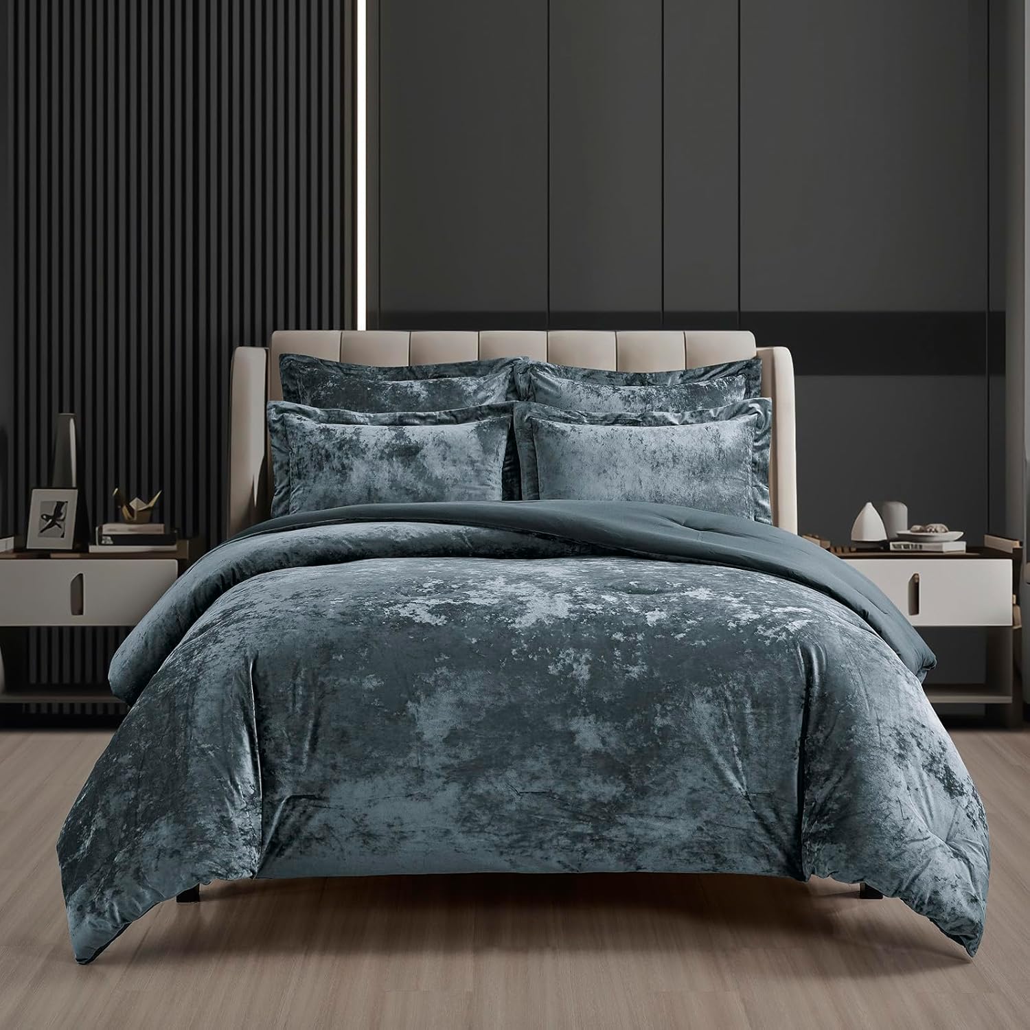 Fredsure Distressed Velvet Comforter Set, 5 Pieces Smoke Blue Queen, Distressed Velvet Face and Brushed Microfiber Reverse