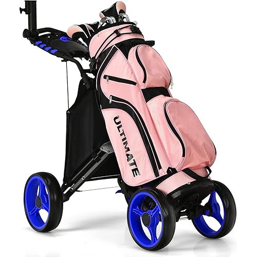 GYMAX Folding Golf Push Cart, Height Adjustable Portable Caddy Cart with Umbrella Holder, Waterproof Bag, Built-in Cooler & Foot Brake, Quick Fold/Unfold Golf Trolley for Club