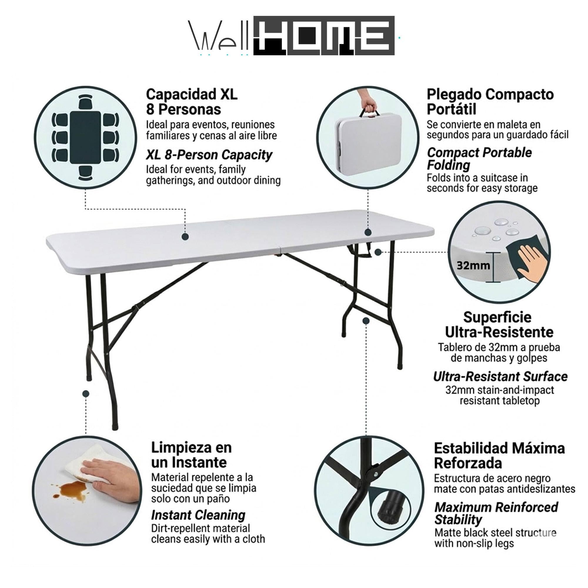 Well Home Mesa Plegable 180x68x74cm PE Blanco, Estructura metálica Negro Mate, Grosor 32mm