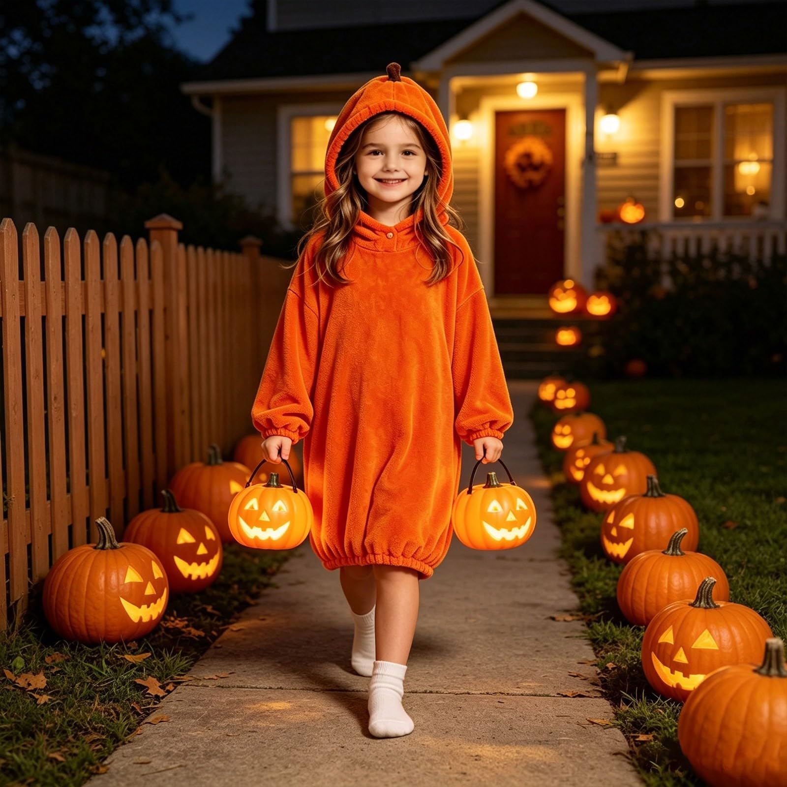Túnica larga mullida con capucha de calabaza de Halloween para niñas