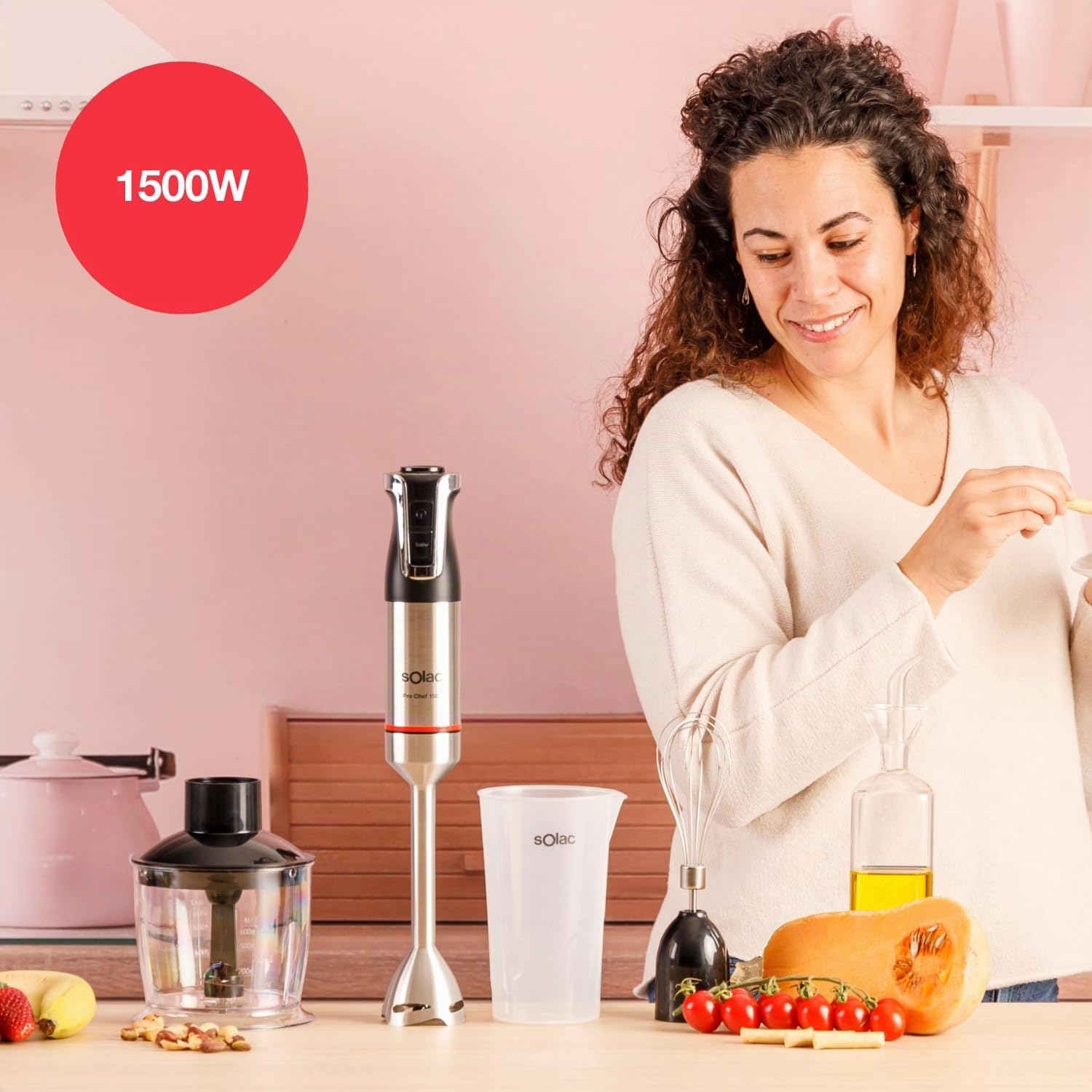 Solac – Batidora Mano Pro Chef 1501 | 1500W| 4 Cuchillas Inox | Varilla Inox | Turbo | Pica Hielo | Ergonómica | Antisalpicaduras | Desmontable | Incluye Accesorios