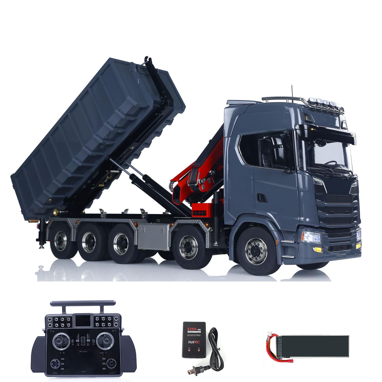 1 14 RC Hydraulic Full Dump Truck Crane 770S Metal 10x10 Remote Control Roll on Off Tipper 3Speed