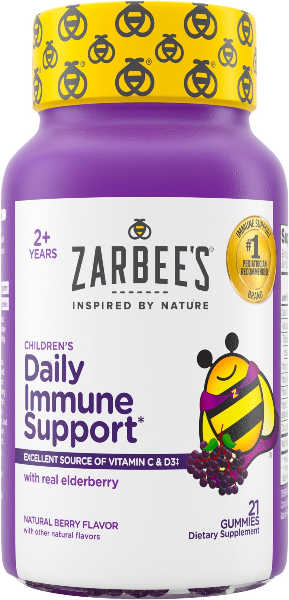 Zarbee's Elderberry Gummies for Kids with Vitamin C; Zinc & Elderberry; Daily Childrens Immune Support Vitamins Gummy for Children Ages 2 and Up; Natural Berry Flavor; 21 Count