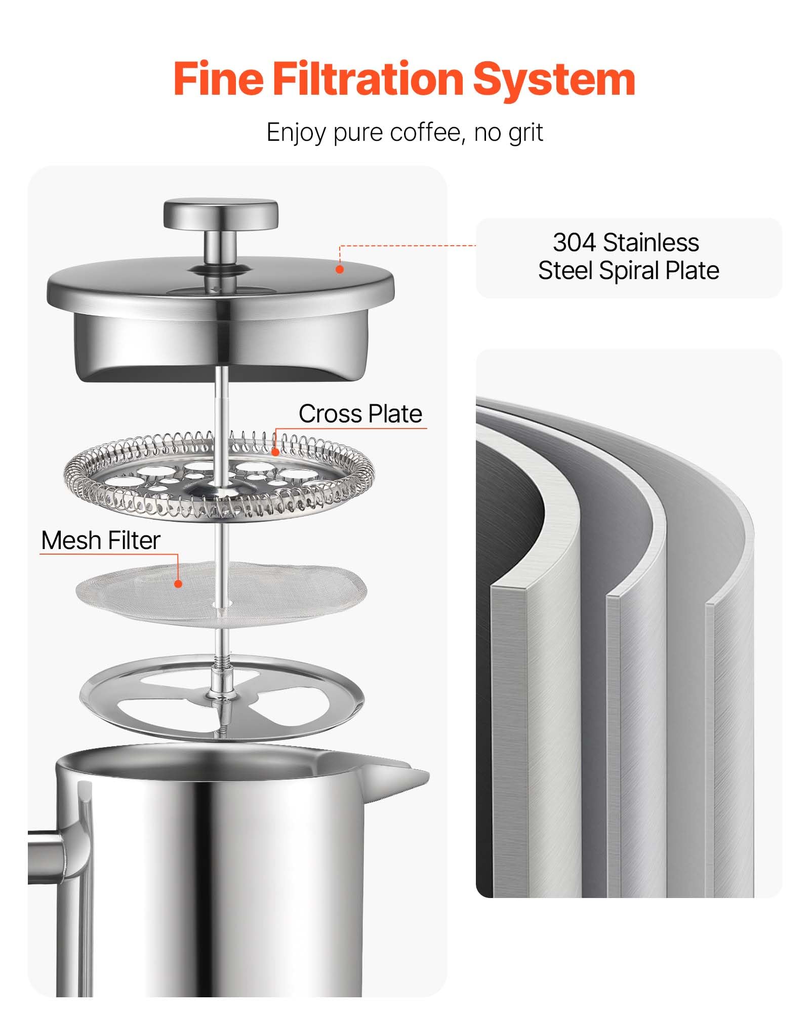 VEVOR Cafetera de Prensa Francesa de Acero Inoxidable, 1,5 L, con Filtro, Grande, de Doble Pared, con Aislamiento, para Café Frío, para Camping, Viajes, Hogar, Cocina, Plata, 190 x 115 x 245 mm
