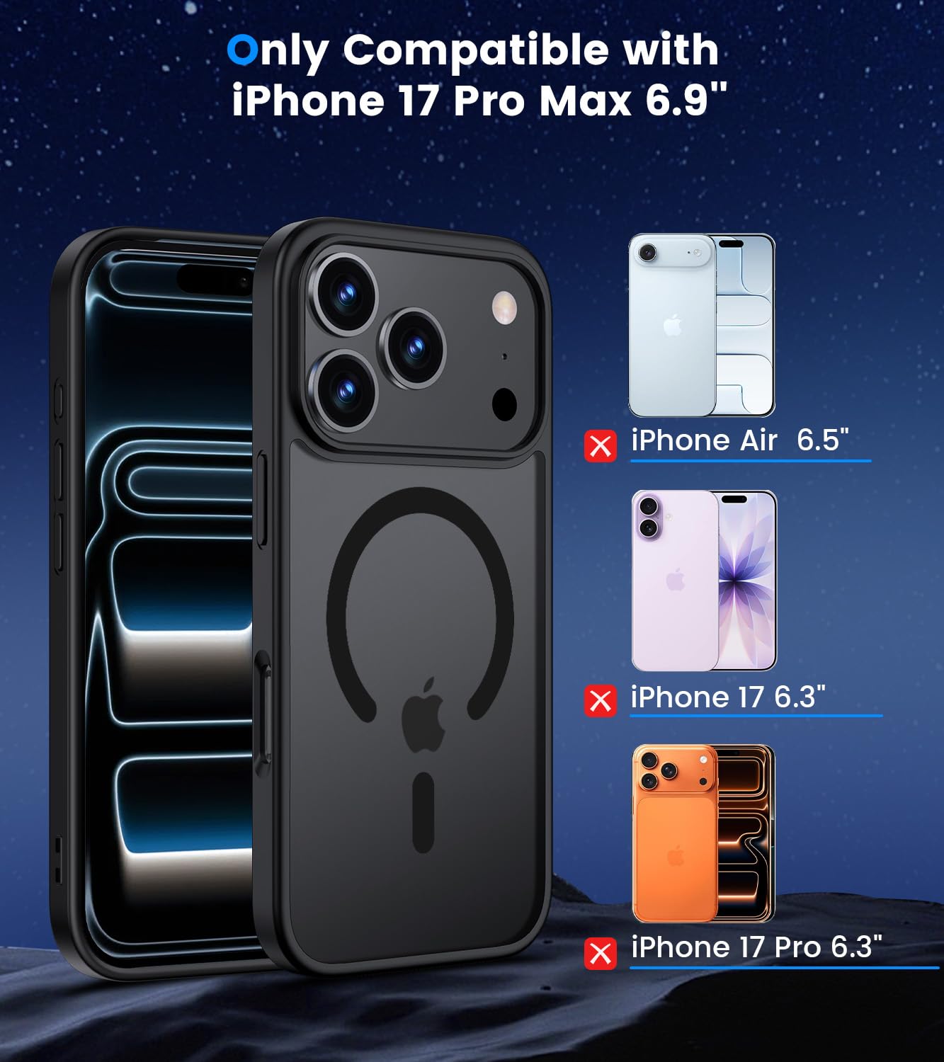 Yohii Cover per iPhone 17 Pro Max Magnetica con 2 Vetro Temperato, Protezione Fotocamera, Compatibile Con Mag-Safe, Traslucido Opaco Retro Sottile Antiurto Cellulare Custodia (Nero)