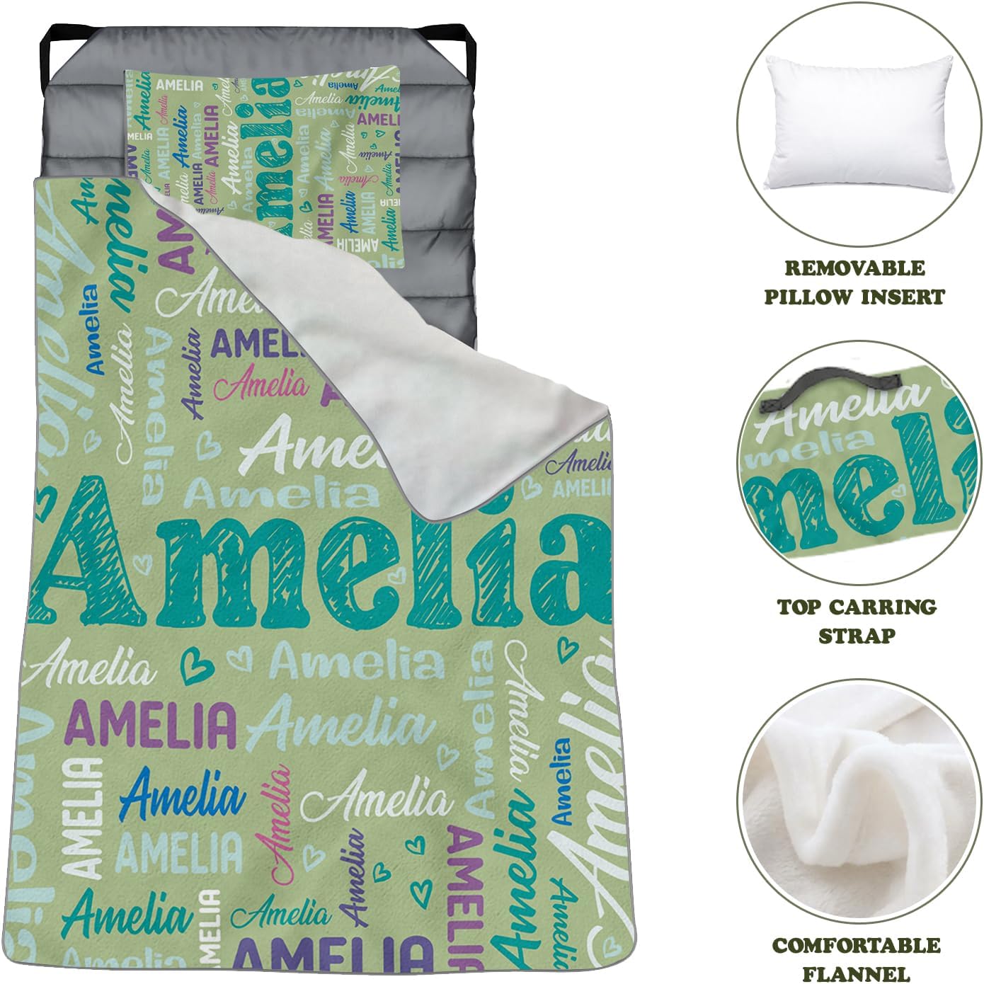 Personalized Toddler Nap Mat with Name, Custom Name Print Kids Sleeping Mat for Preschool, Daycare Cot Nap Mat with Corner Straps, Roll-Up Slumber Mat with Soft Blanket & Pillow