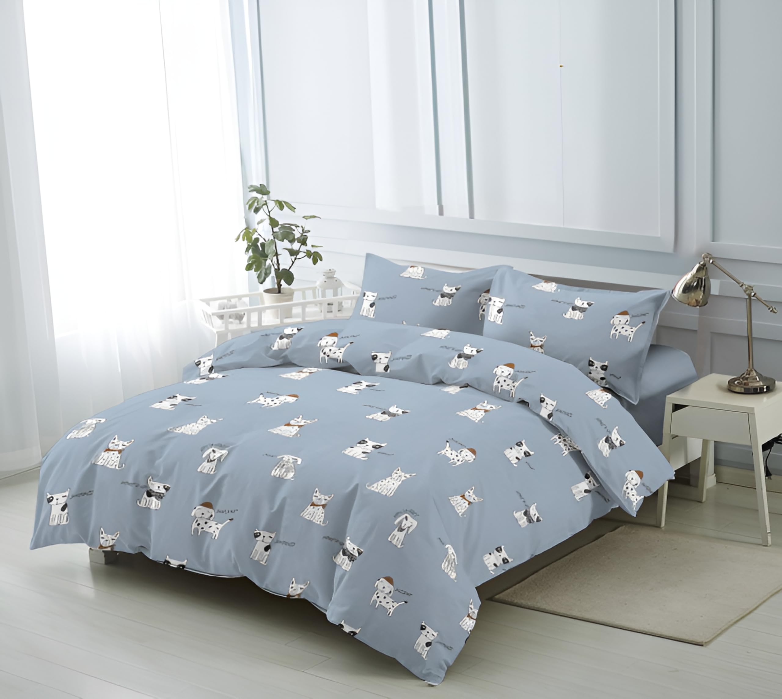 H HANSEL HOME Funda Nordica Cama 105 de 3 Piezas Transpirable Suave al Tacto 100% Microfibra, Funda Edredón 180x220cm, Bajera 105x200cm con 1 Funda de Almohada 50x130cm - Gatos y Perros