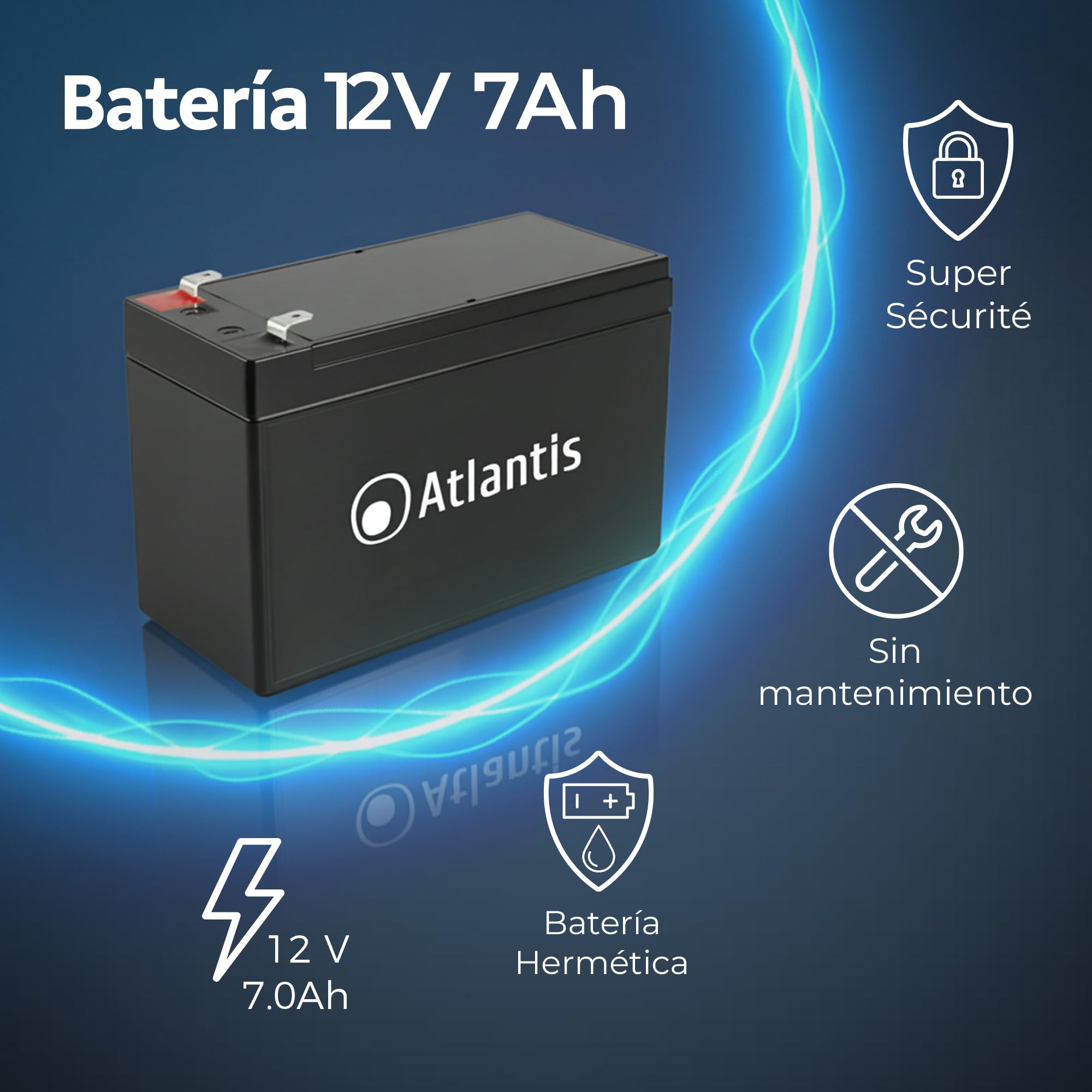 Atlantis batería de Plomo hermética (VRLA) 12 V 7 Ah, para Sistemas de alimentación ininterrumpida (SAI), videovigilancia, Alarma, Movilidad eléctrica, Juguetes, faston F2 6,3 mm, A03-BAT12-7.0A
