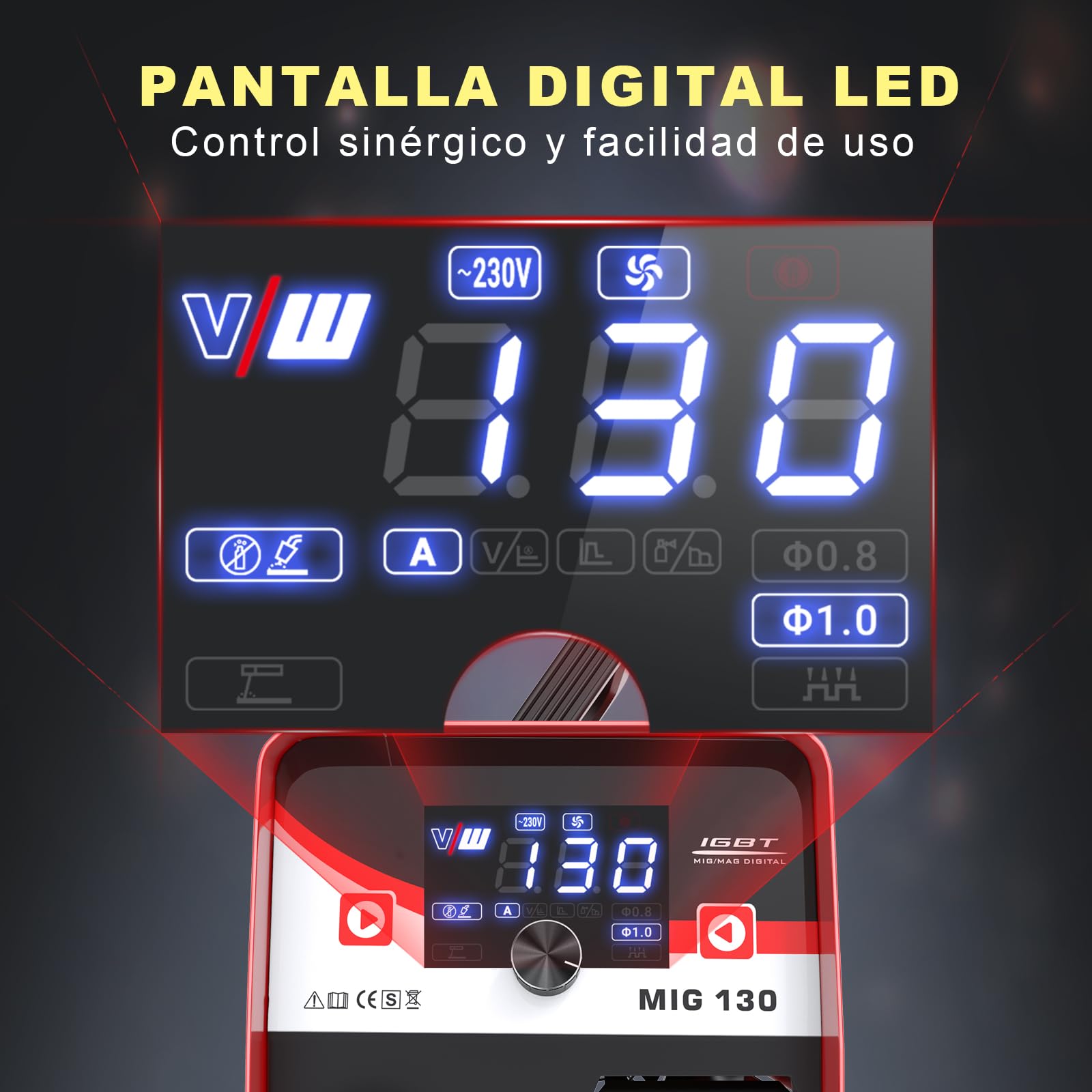 VECTOR WELDING Soldador de Hilo sin Gas 130 A, Máquina de Soldar Interver | Soldadura con Electrodo, Tecnología IGBT, Pantalla LED Digital, Incluye Hilo Tubular de 1,0 mm, para Hogar y Principiantes