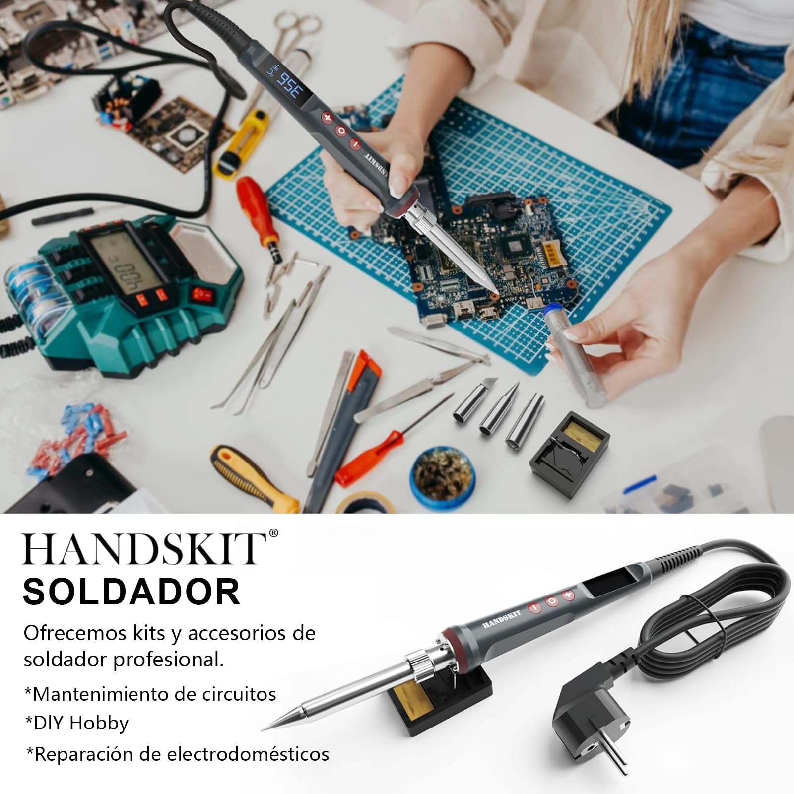HANDSKIT Soldador Eléctrico 200W con Control de Temperatura Ajustable (180°C-480°C), Pantalla LED, Calentamiento Rápido, Kit Completo con Puntas, Estaño y Mini Soporte, Ideal para Electrónica y DIY