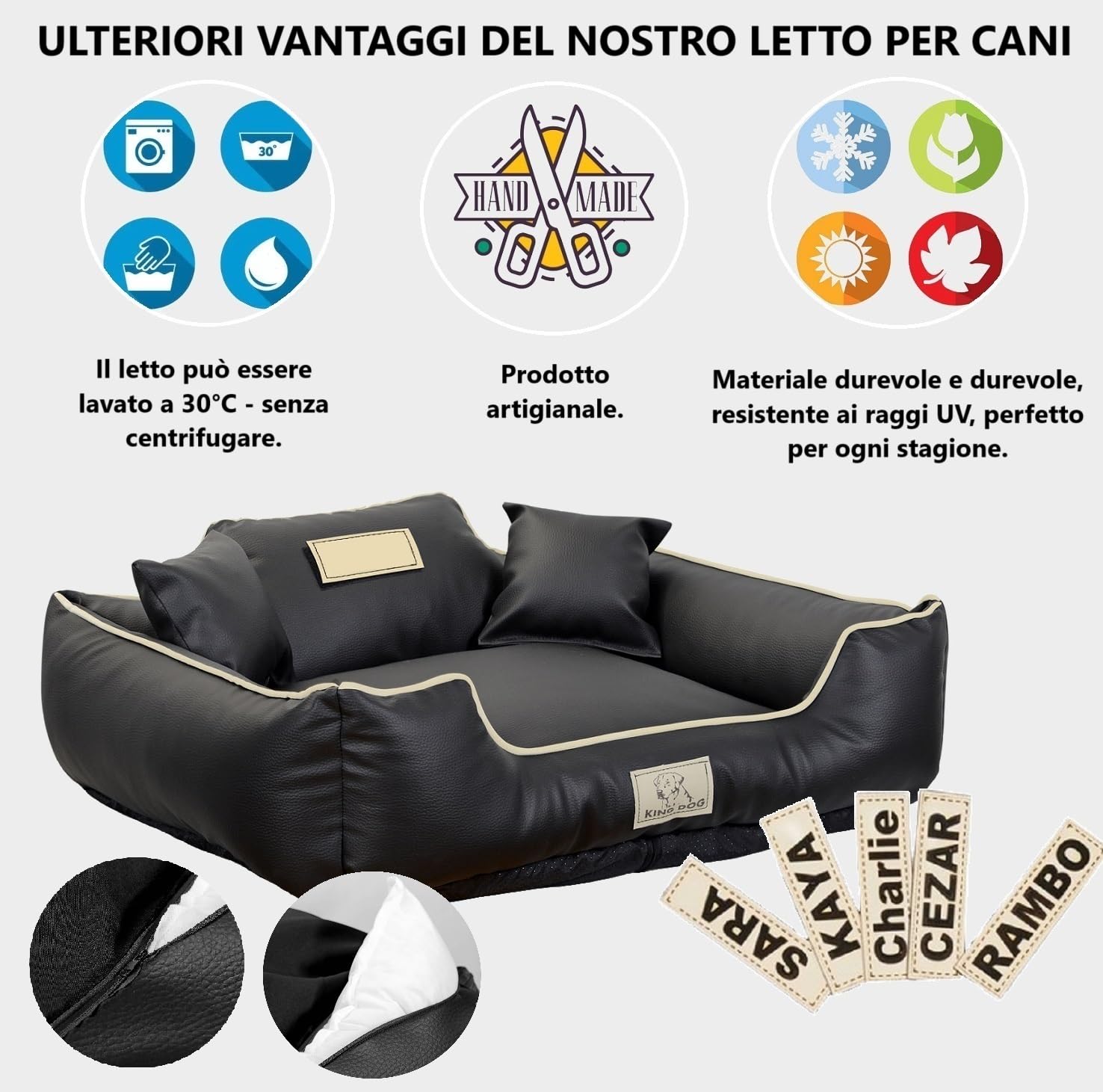 Letto per Cani Medio Taglia M 75x65 cm | Personalizzazione - Nome del Cane | Copertura Rimovibile e Lavabile | Divano per Cani Adatto al Lavaggio | Base antiscivolo | Cuccia Cane Interno Nero